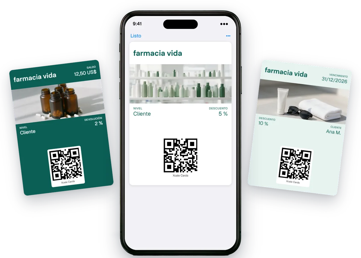 Un iPhone con la tarjeta de descuento de Farmacia Vida en el Wallet, entre su tarjeta de devolución de dinero y un cupón de 10 %.
