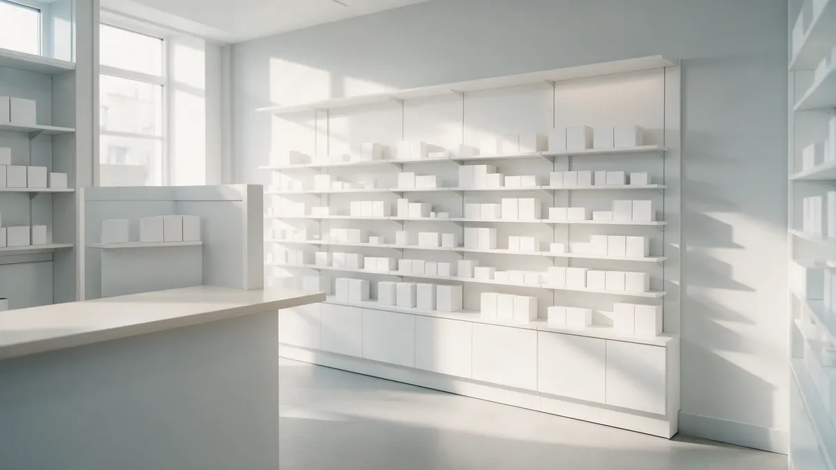 Una farmacia luminosa con estantes blancos, cajas sin texto y un mostrador claro.
