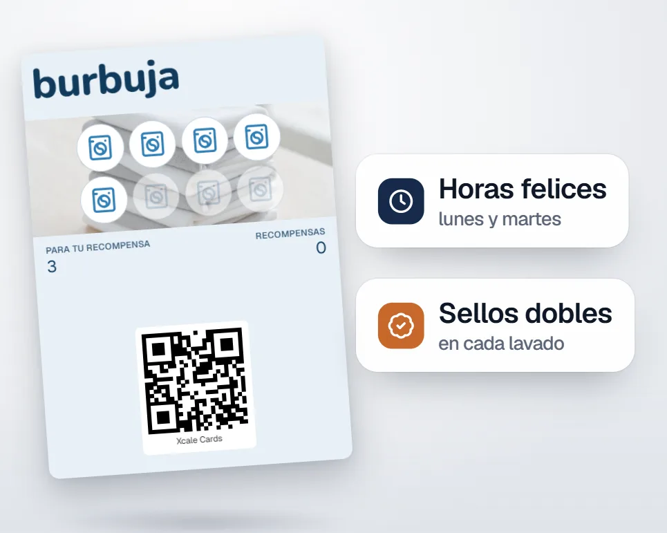 La tarjeta de sellos de Burbuja con los avisos «Horas felices, lunes y martes» y «2 sellos por lavado».
