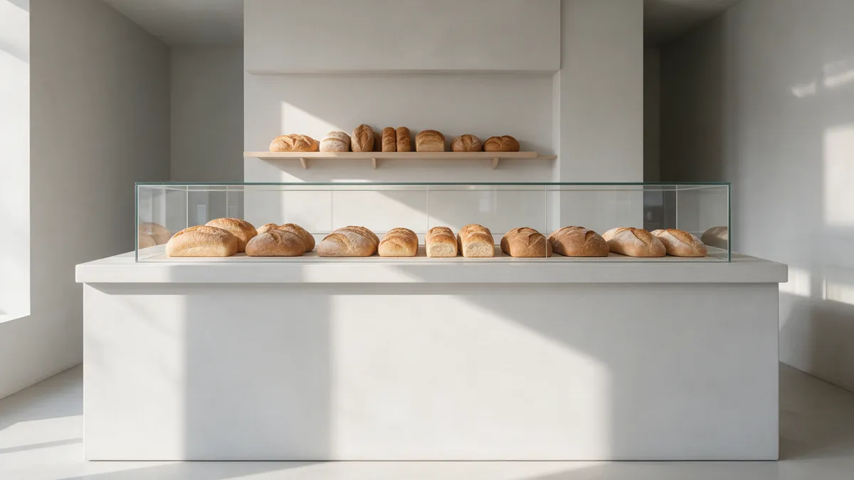 El mostrador de una panadería luminosa con panes en estantes de madera clara.