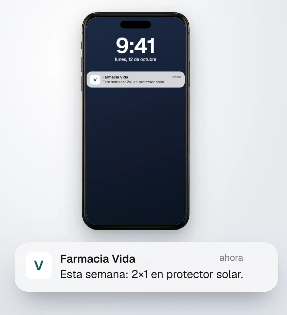 Un iPhone con el aviso de Farmacia Vida en la pantalla de bloqueo: esta semana, 2×1 en protector solar.