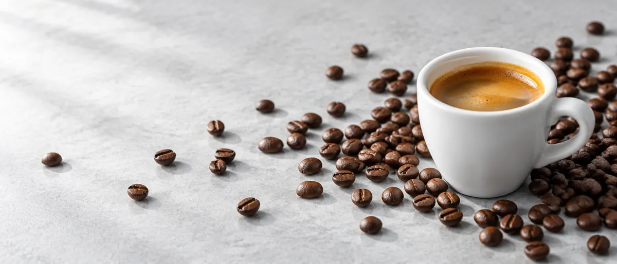 Granos de café tostado sobre piedra gris claro, junto a una taza de espresso.