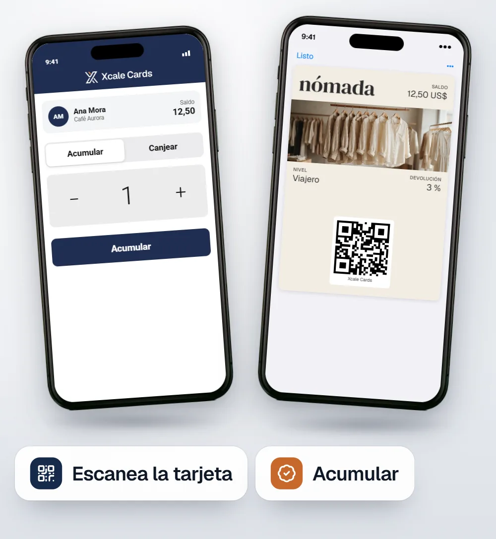 Dos iPhone: la app de escaneo con la cliente Ana Mora y su saldo, y la tarjeta de devolución de dinero de Nómada.