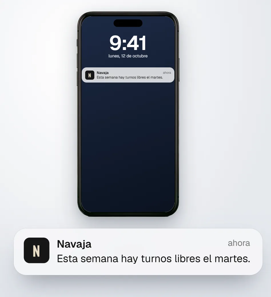 Un iPhone con el aviso de Navaja en la pantalla de bloqueo: esta semana hay turnos libres el martes.