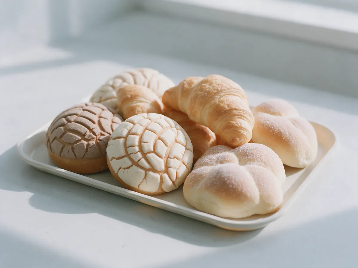 Panes dulces surtidos en una bandeja: conchas, croissants y panecillos con azúcar.