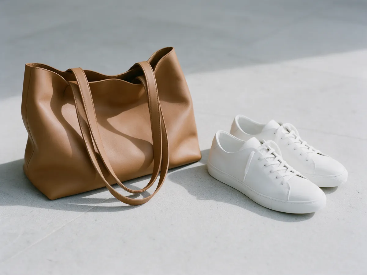 Un bolso de cuero color tostado y unas zapatillas blancas sobre piedra gris clara.