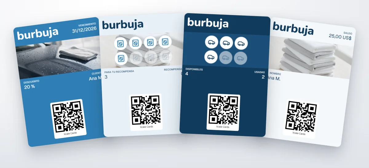 Cuatro tarjetas de Burbuja en abanico: un cupón de 20 %, la tarjeta de sellos, un paquete de 6 lavados de auto y una tarjeta de regalo de 25 US$.