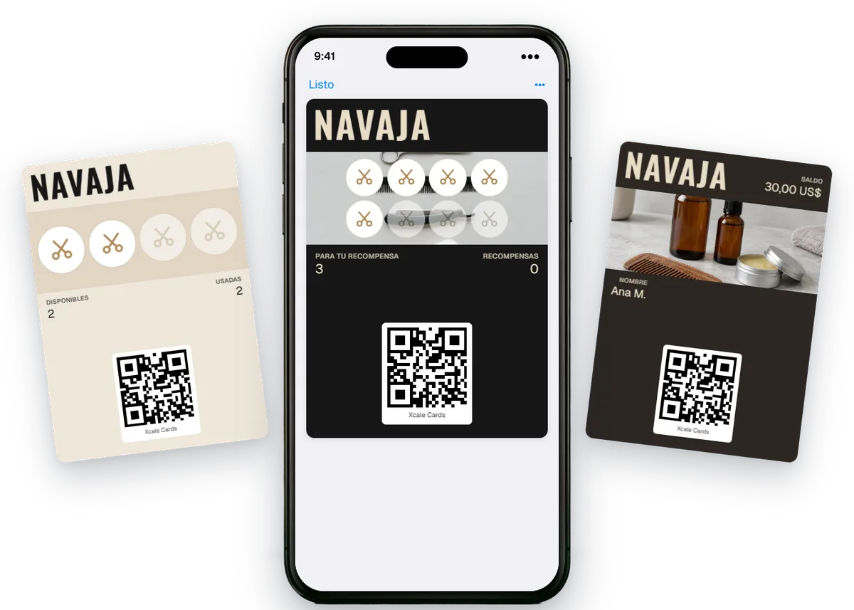 Un iPhone con la tarjeta de sellos de la barbería Navaja en el Wallet, con sellos en forma de tijeras, entre su paquete de 4 cortes y su tarjeta de regalo.