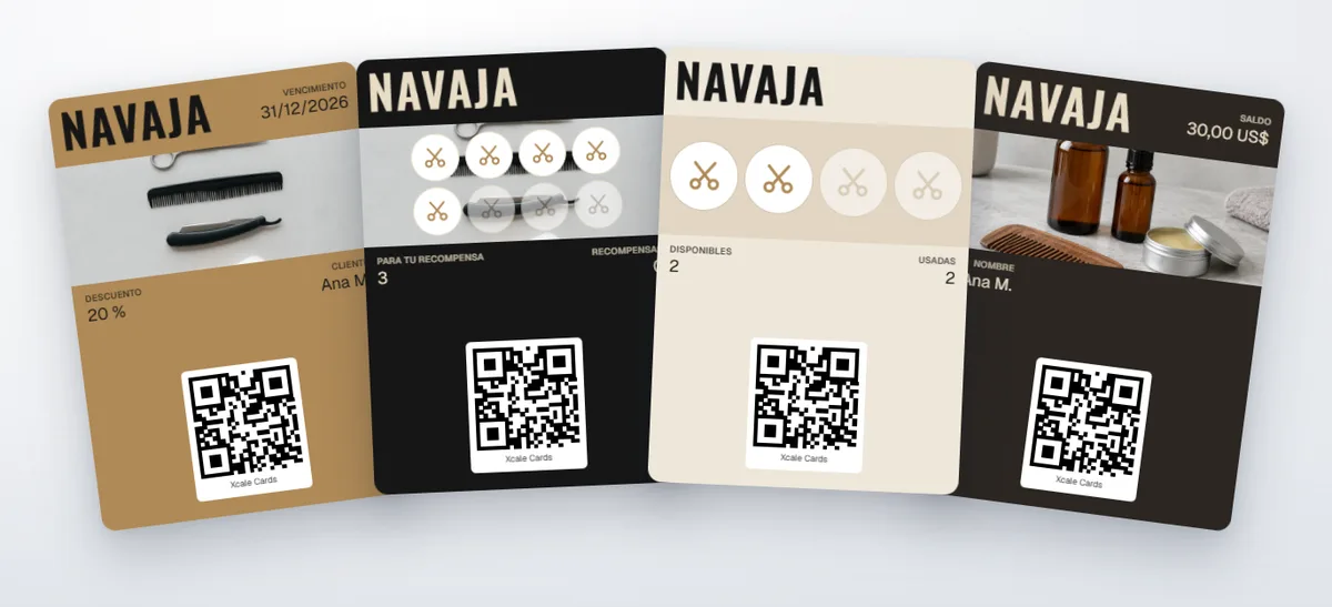 Cuatro tarjetas de la barbería Navaja en abanico: un cupón de 20 %, la tarjeta de sellos con tijeras, un paquete de 4 cortes y una tarjeta de regalo de 30 US$.