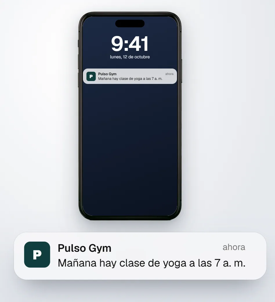 Un iPhone con el aviso de Pulso Gym en la pantalla de bloqueo: mañana hay clase de yoga a las 7 a. m.