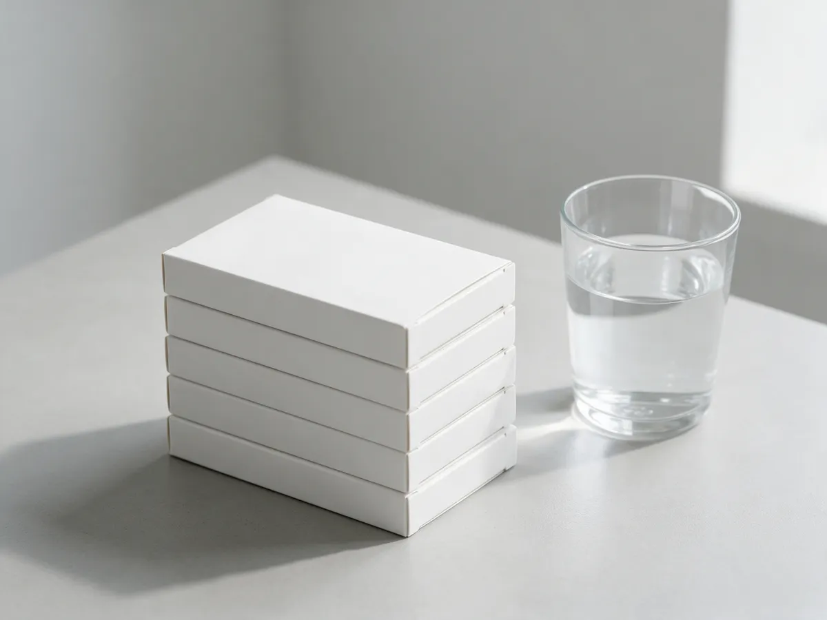Cajas blancas sin texto apiladas junto a un vaso de agua sobre un mostrador.