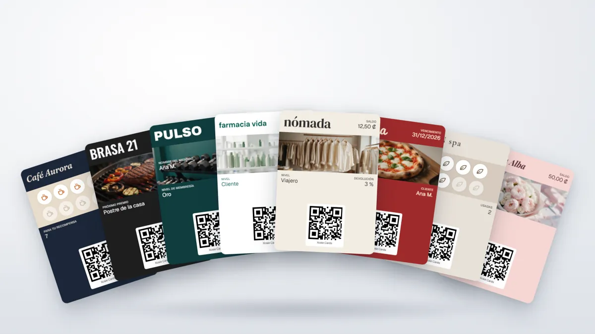 Los ocho tipos de tarjeta de lealtad digital en abanico: Estampilla de una cafetería, Premio de un restaurante, Afiliación de un gimnasio, Descuento de una farmacia, Devolución de dinero de una tienda de ropa, Cupón de una pizzería, Suscripción de un spa y Tarjeta de regalo de una florería.