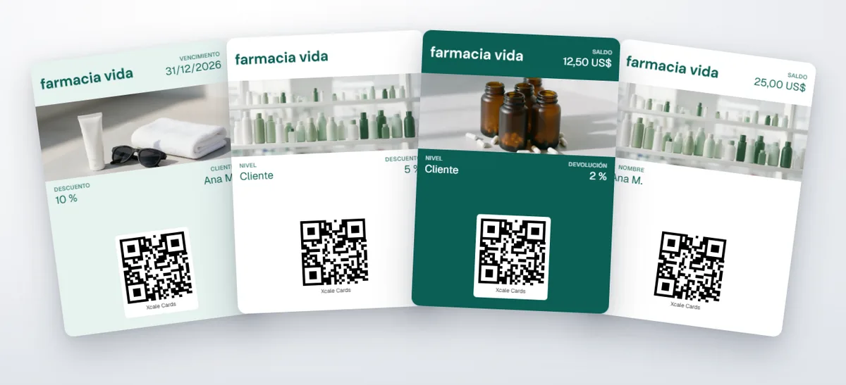 Cuatro tarjetas de Farmacia Vida en abanico: un cupón de 10 %, la tarjeta de descuento por niveles, una de devolución de dinero y una tarjeta de regalo de 25 US$.