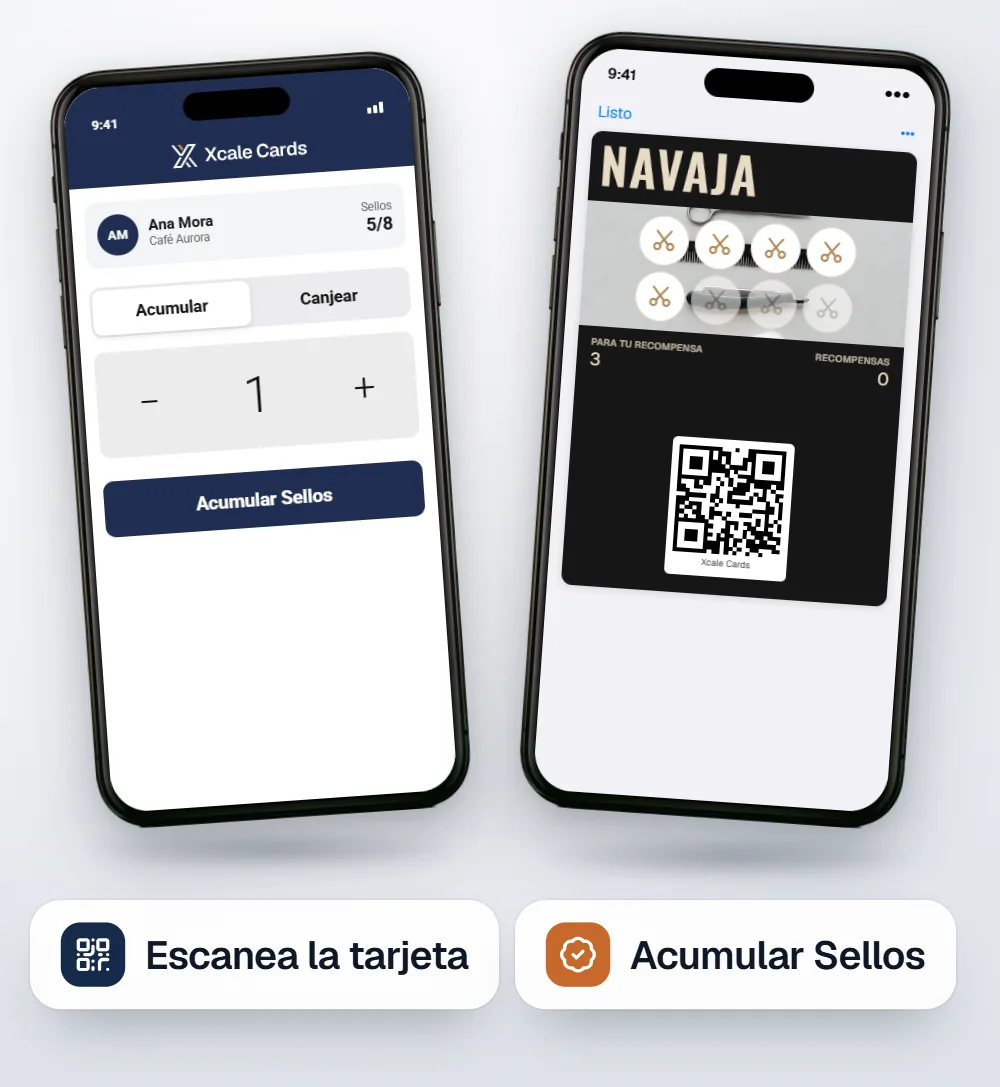 Dos iPhone: la app de escaneo con el cliente Ana Mora y el botón Acumular Sellos, y la tarjeta de sellos de Navaja.