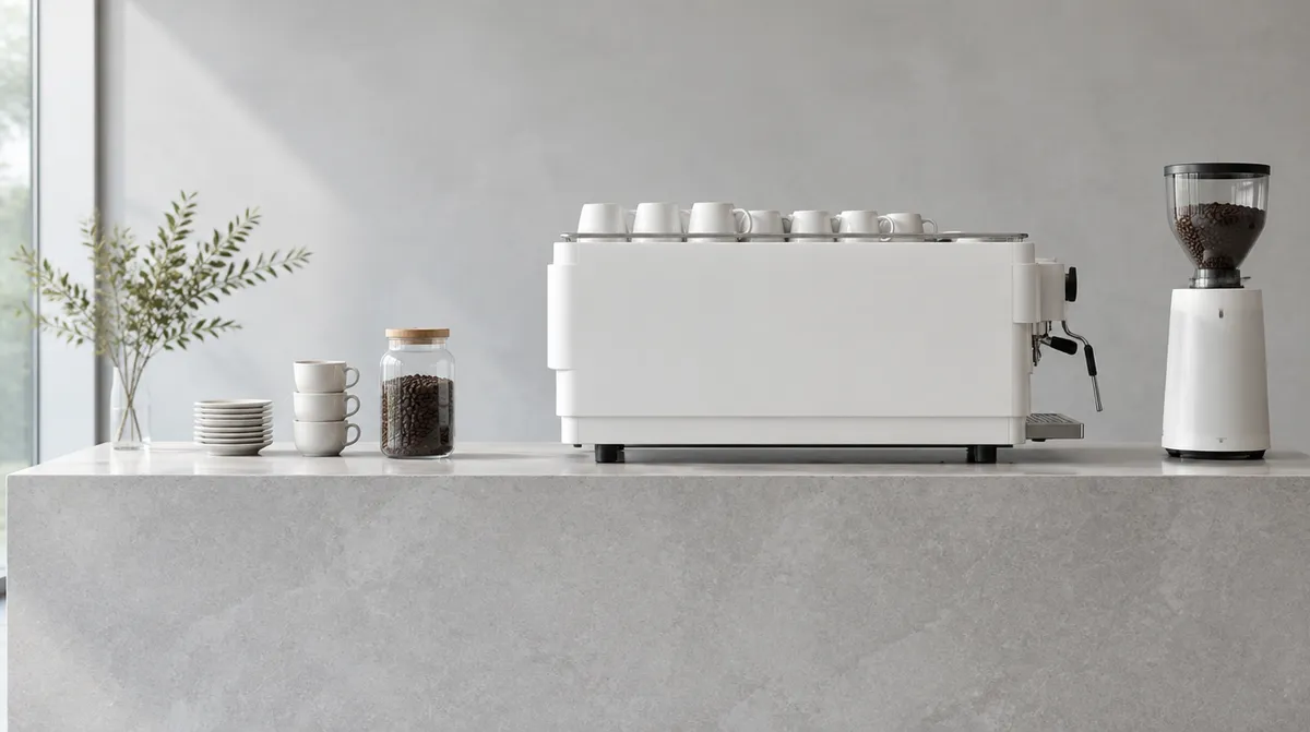La barra de una cafetería de piedra gris claro, con una máquina de espresso blanca, tazas de cerámica y un frasco de café en grano.