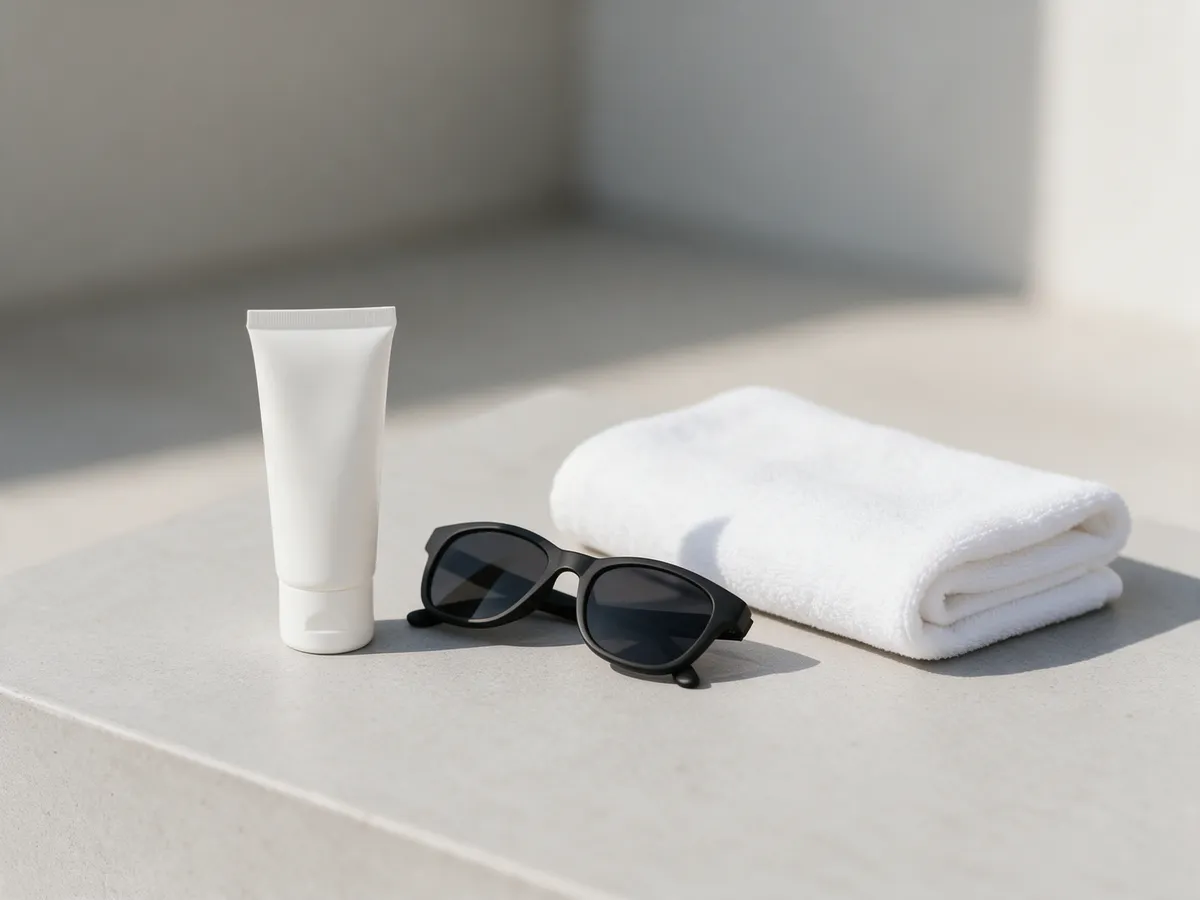 Un tubo blanco de protector solar sin etiqueta, unos lentes de sol y una toalla blanca.