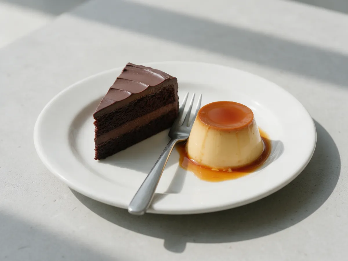 Una porción de pastel de chocolate y un flan en un plato blanco.
