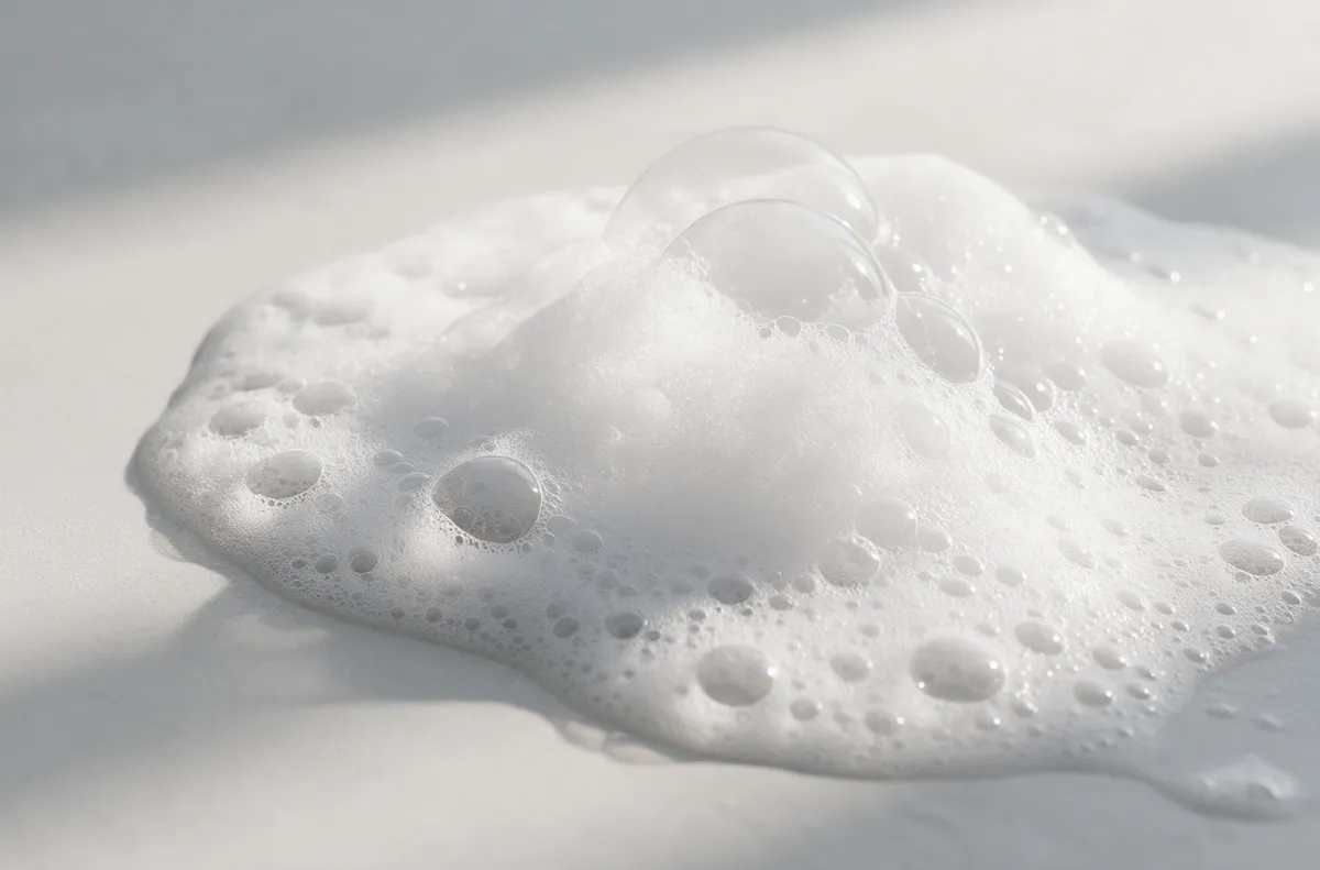 Espuma blanca y burbujas de jabón sobre una superficie gris clara.