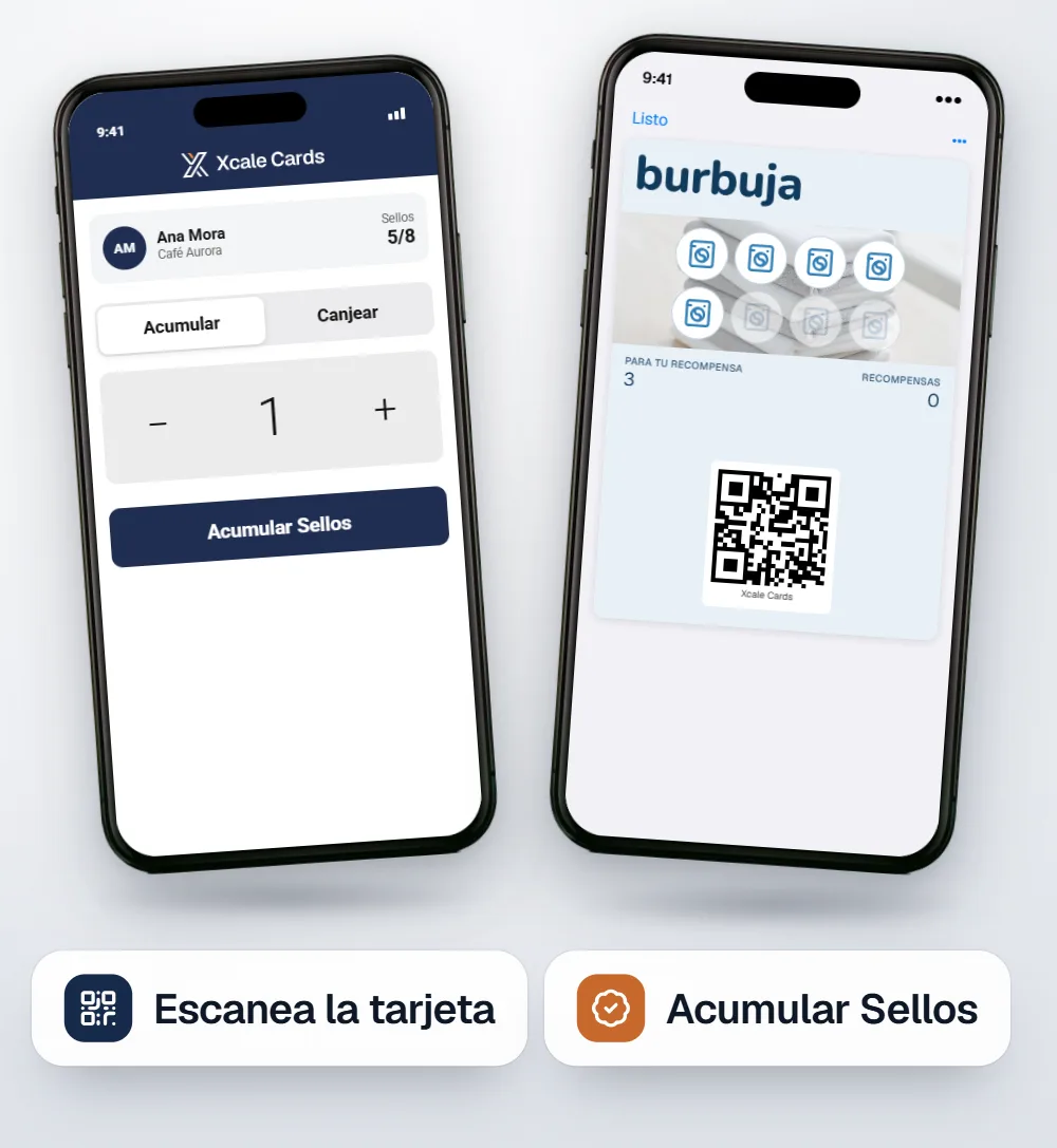 Dos iPhone: la app de escaneo con la cliente Ana Mora y el botón Acumular Sellos, y la tarjeta de sellos de Burbuja.