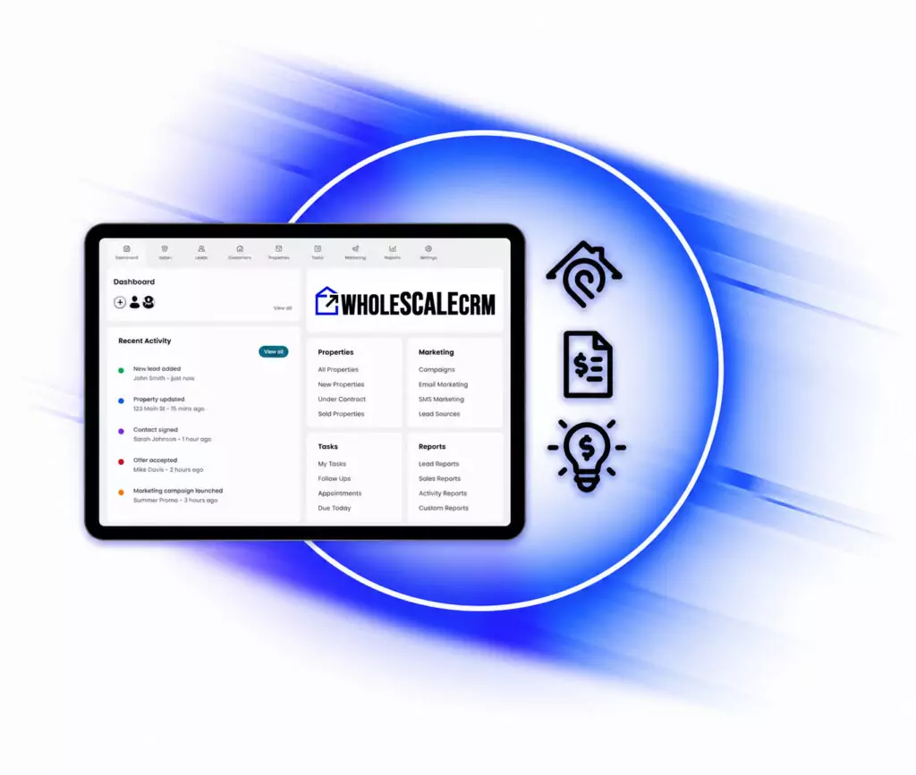Wholescale CRM dashboard shown on a tablet with acquisitions, dispositions and transactions departments
