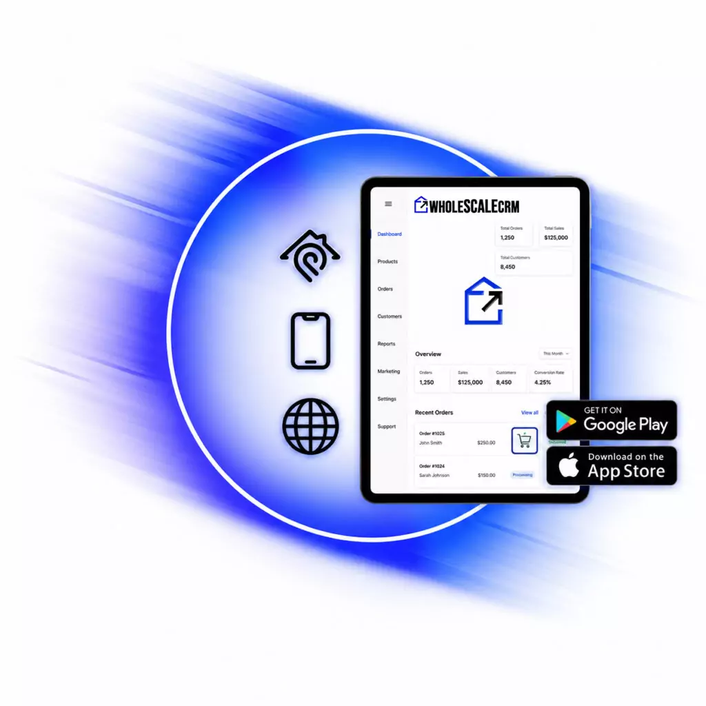Wholescale CRM mobile app on a phone and tablet with Google Play and App Store badges