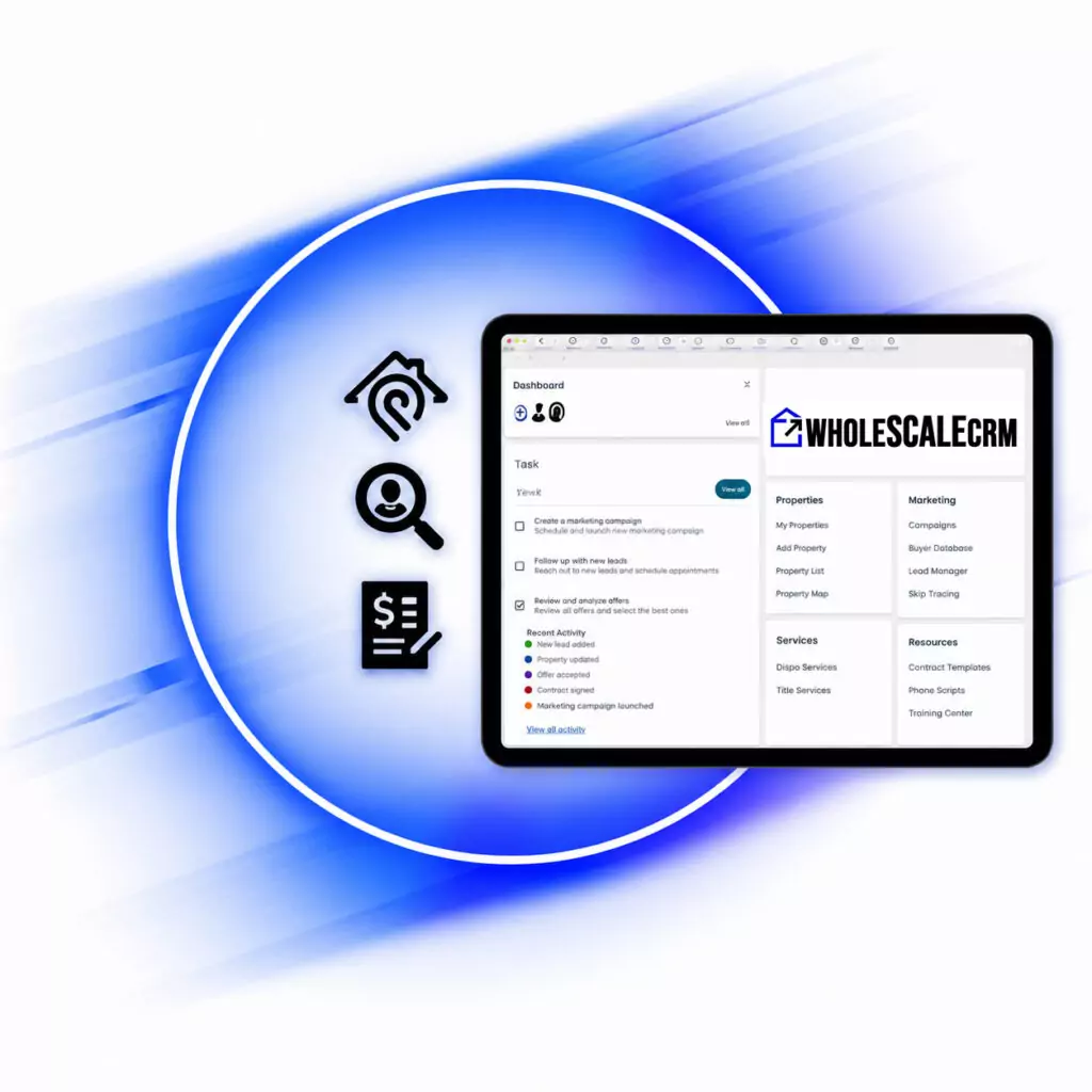 Wholescale CRM follow-up sequences shown on a tablet with notification, search and contract icons