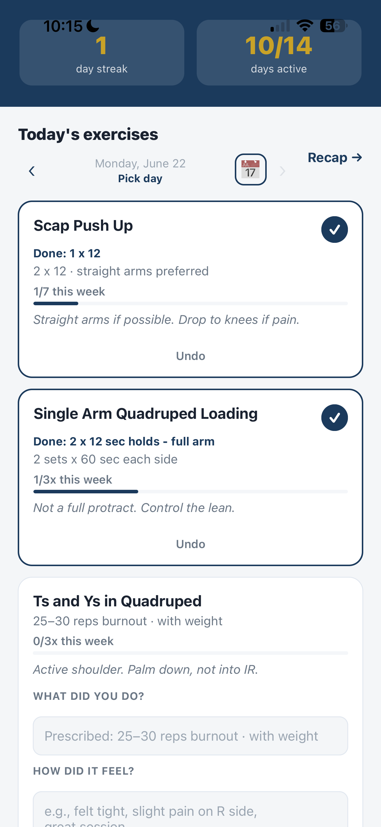 Patient logs exercises in Session Recap app