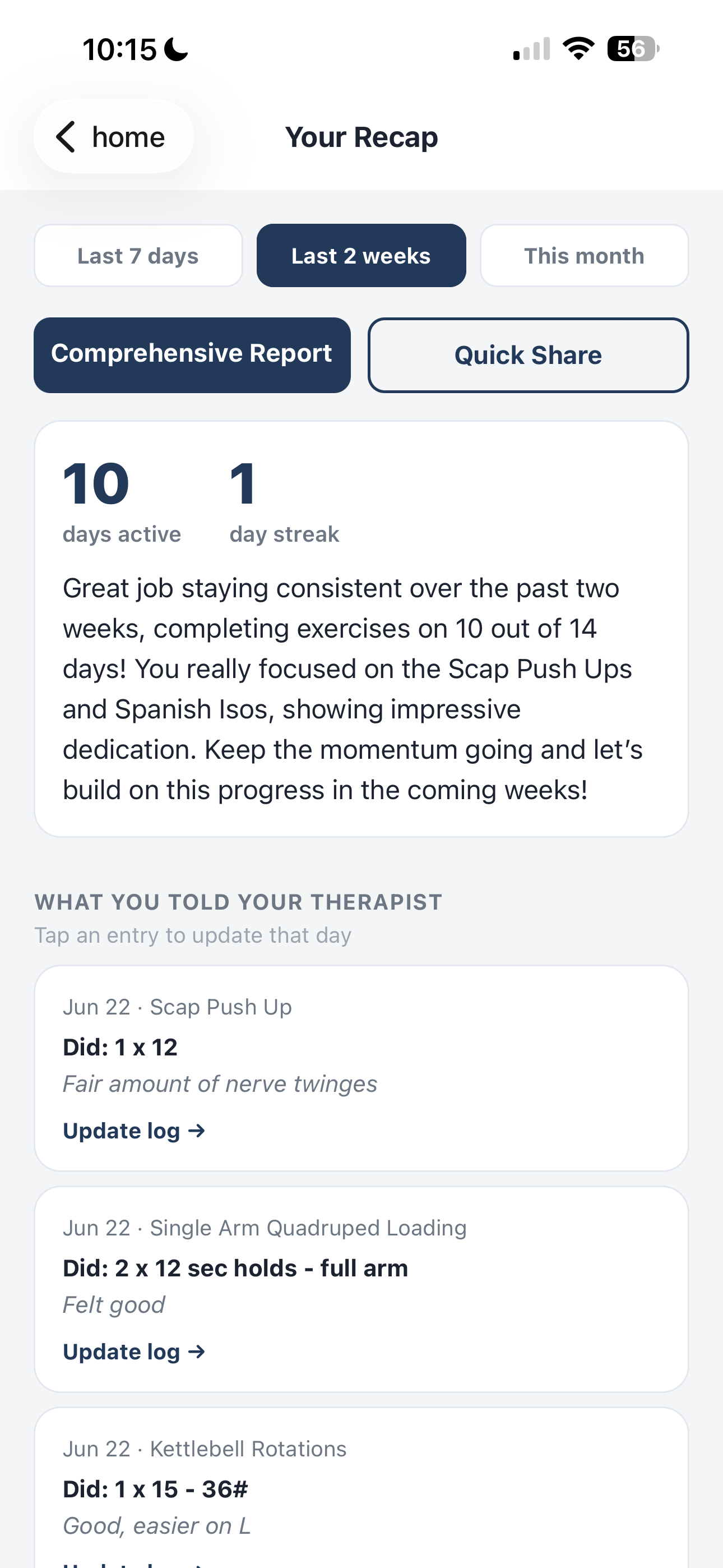Patient recap summary before PT session