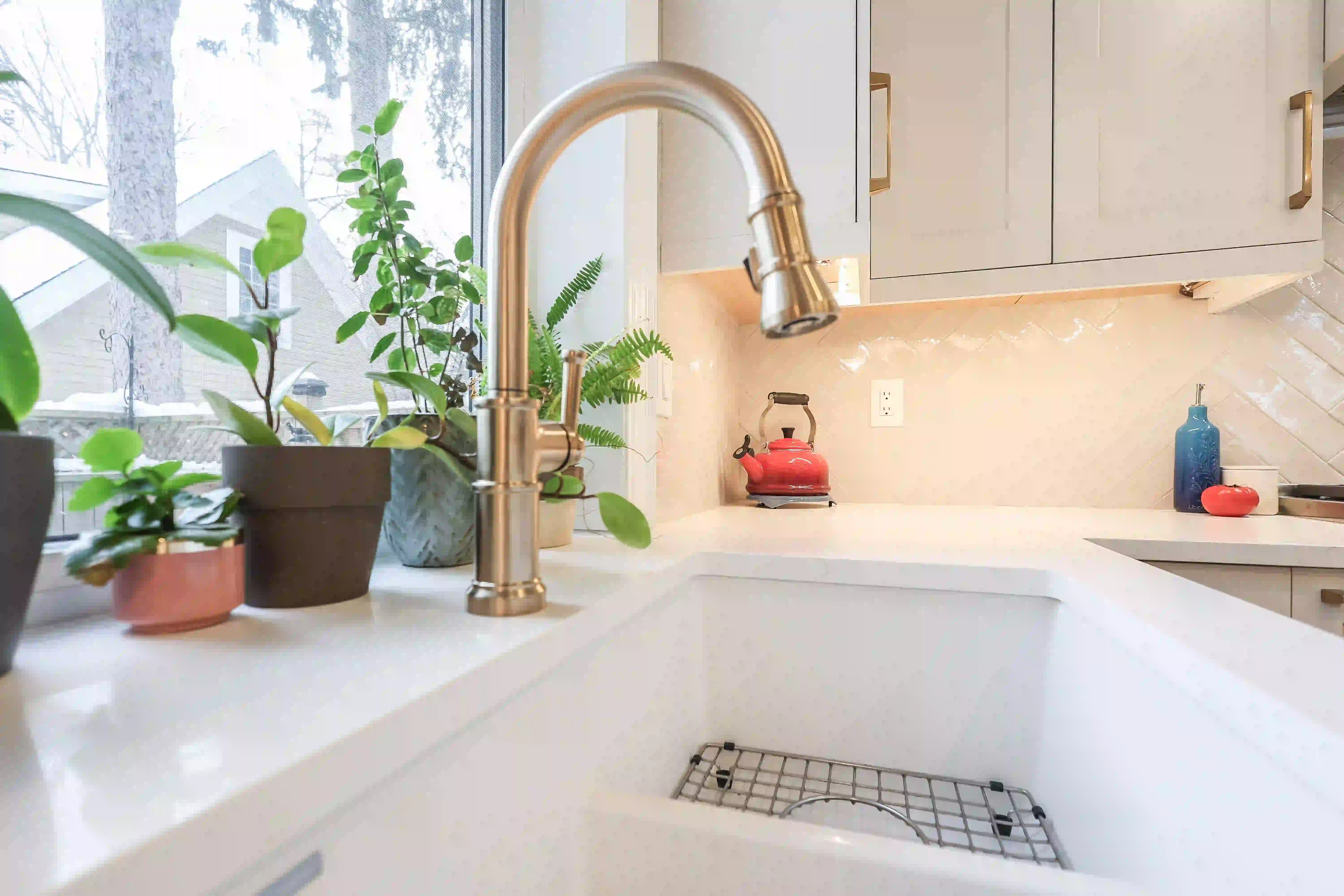 Brass faucet and farmhouse sink detail