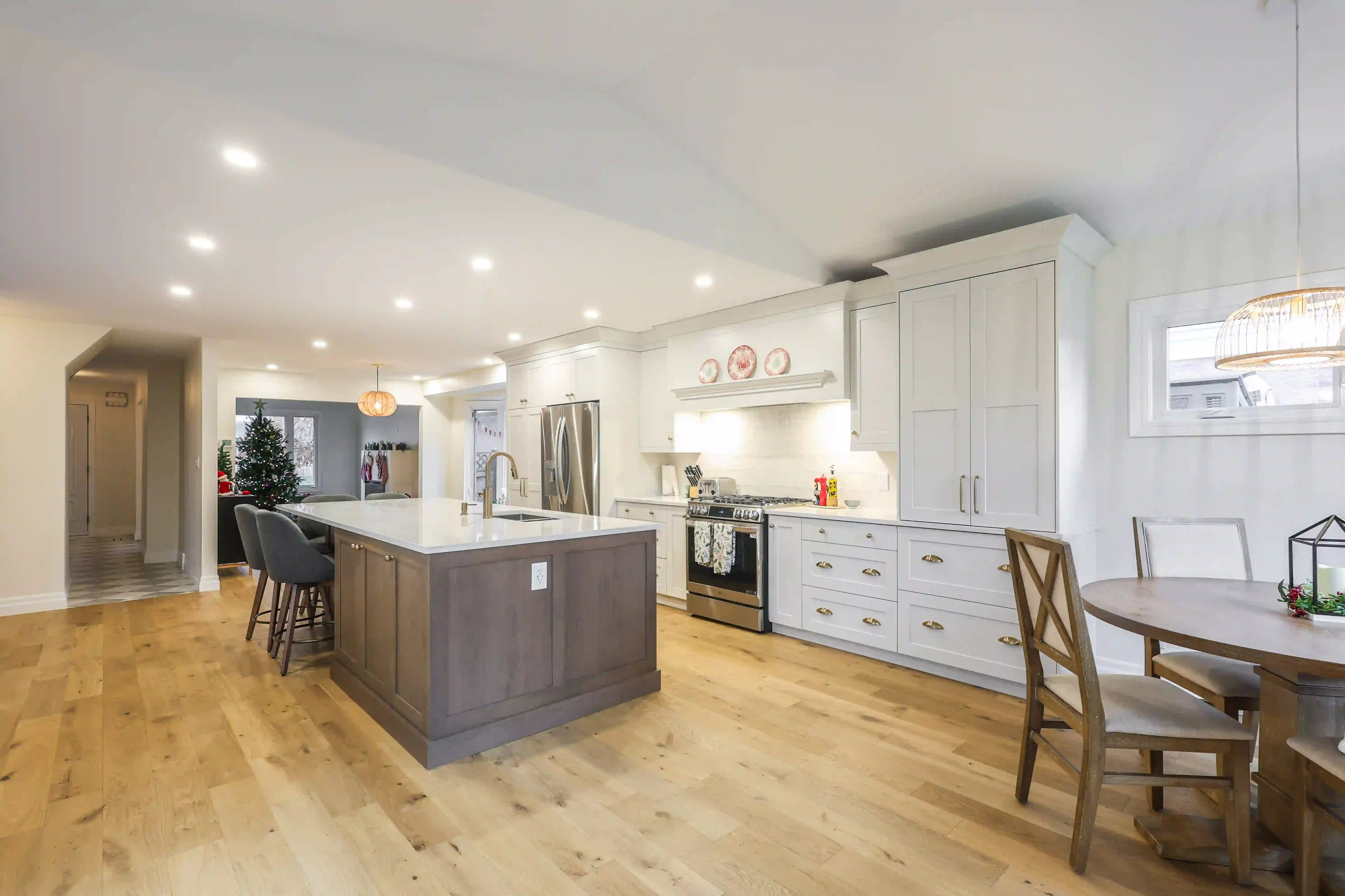 Kitchen island and open dining view