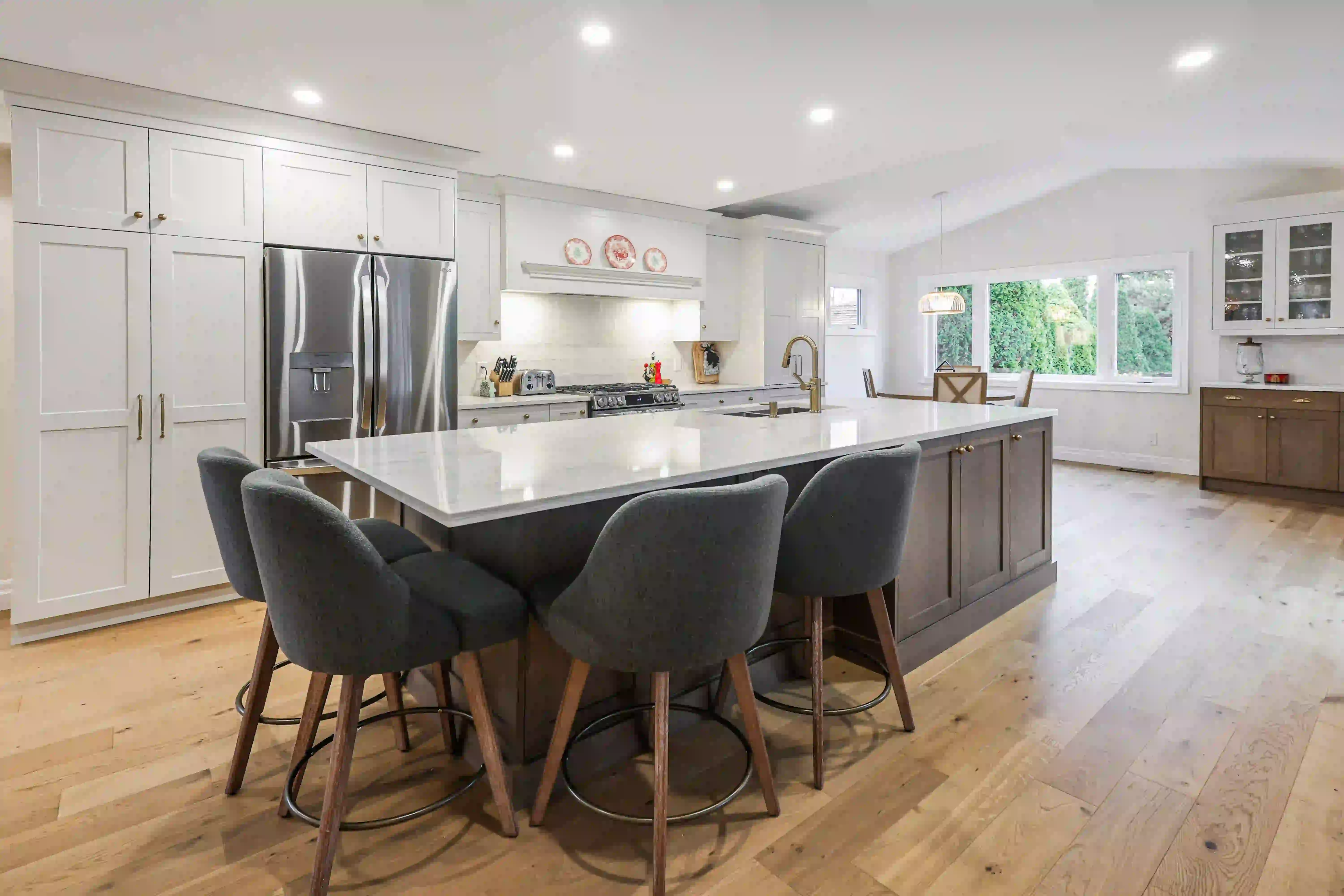 Kitchen island seating and refrigerator wall