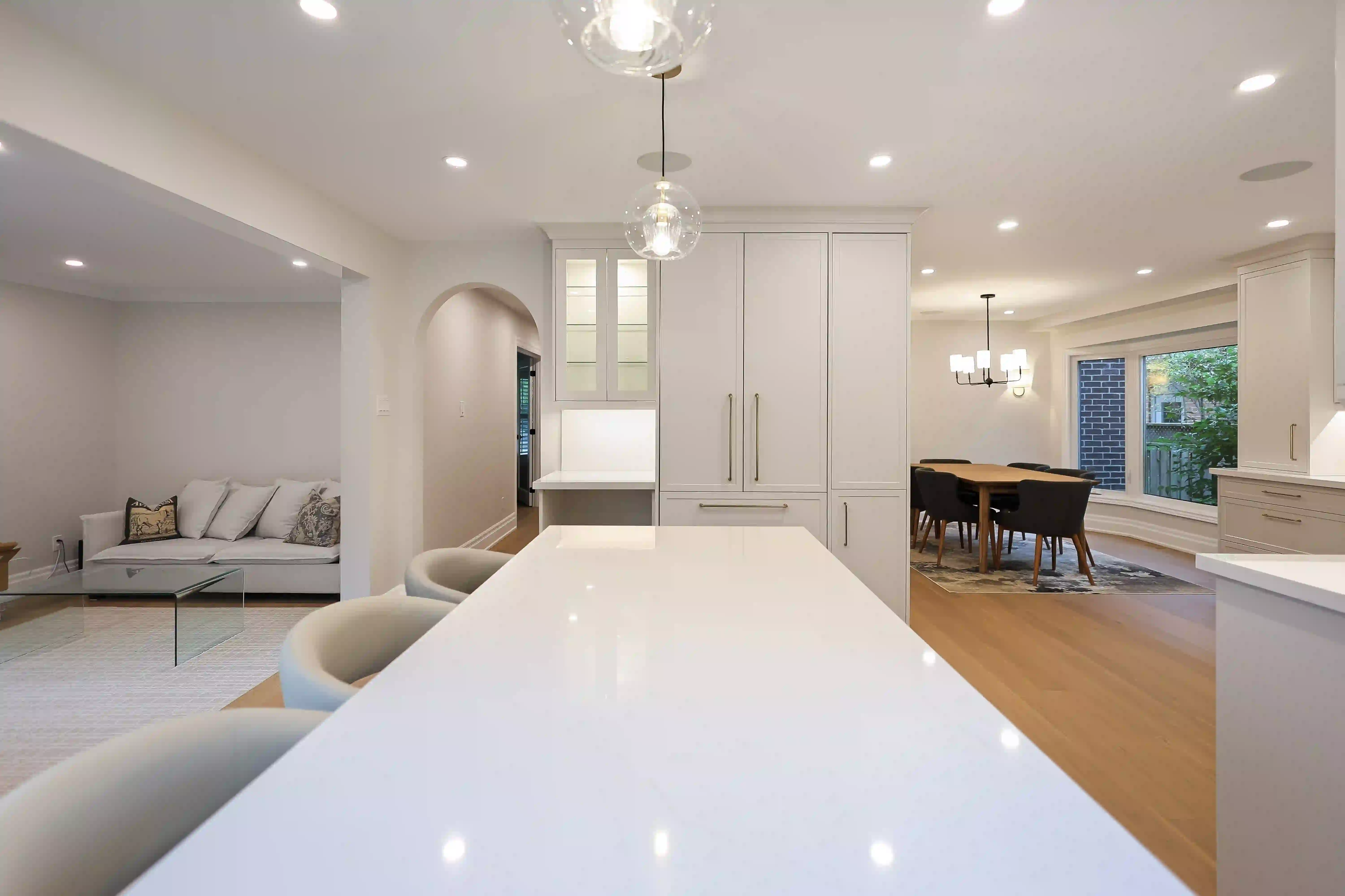 Kitchen island and dining room view