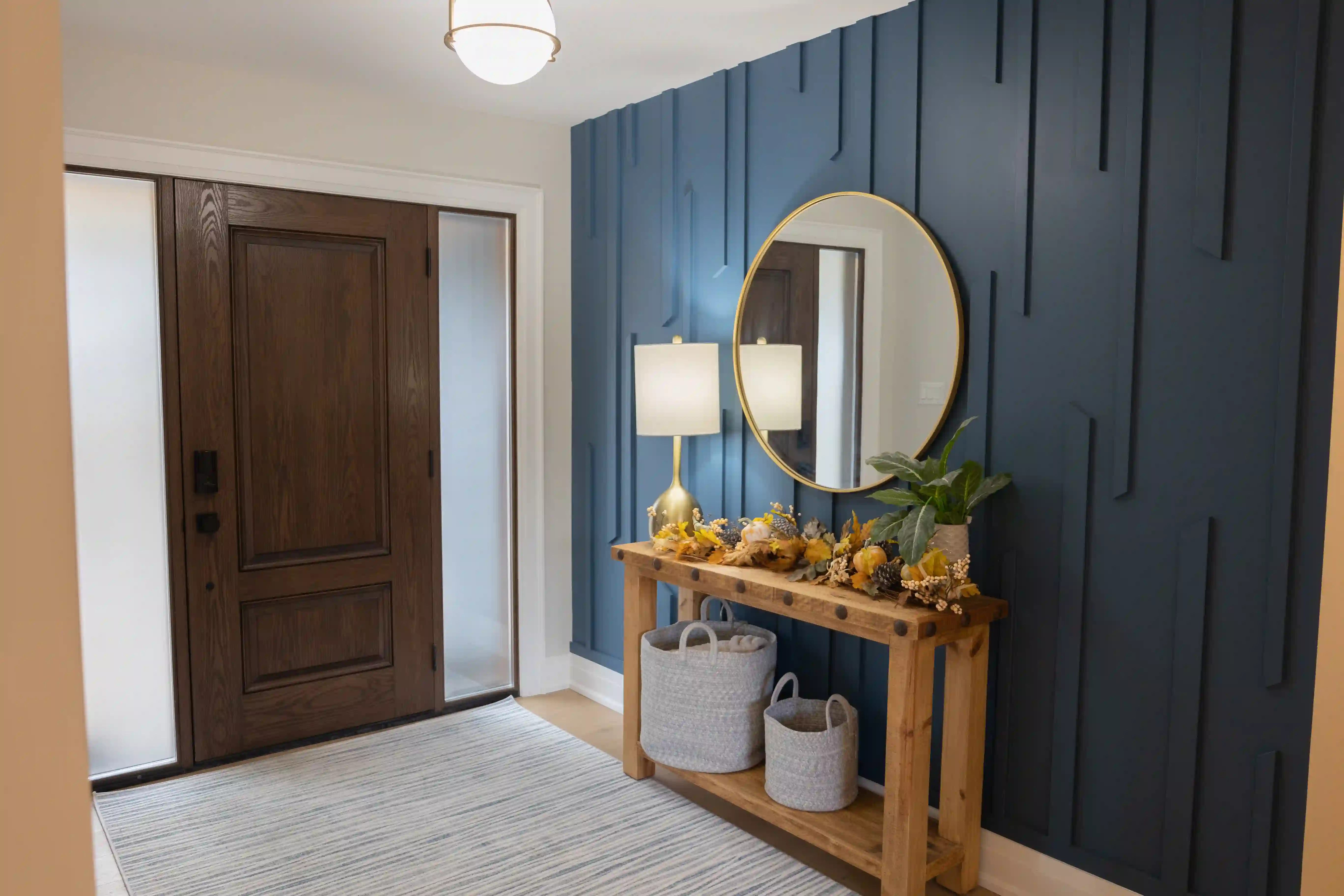 Entry console and blue feature wall