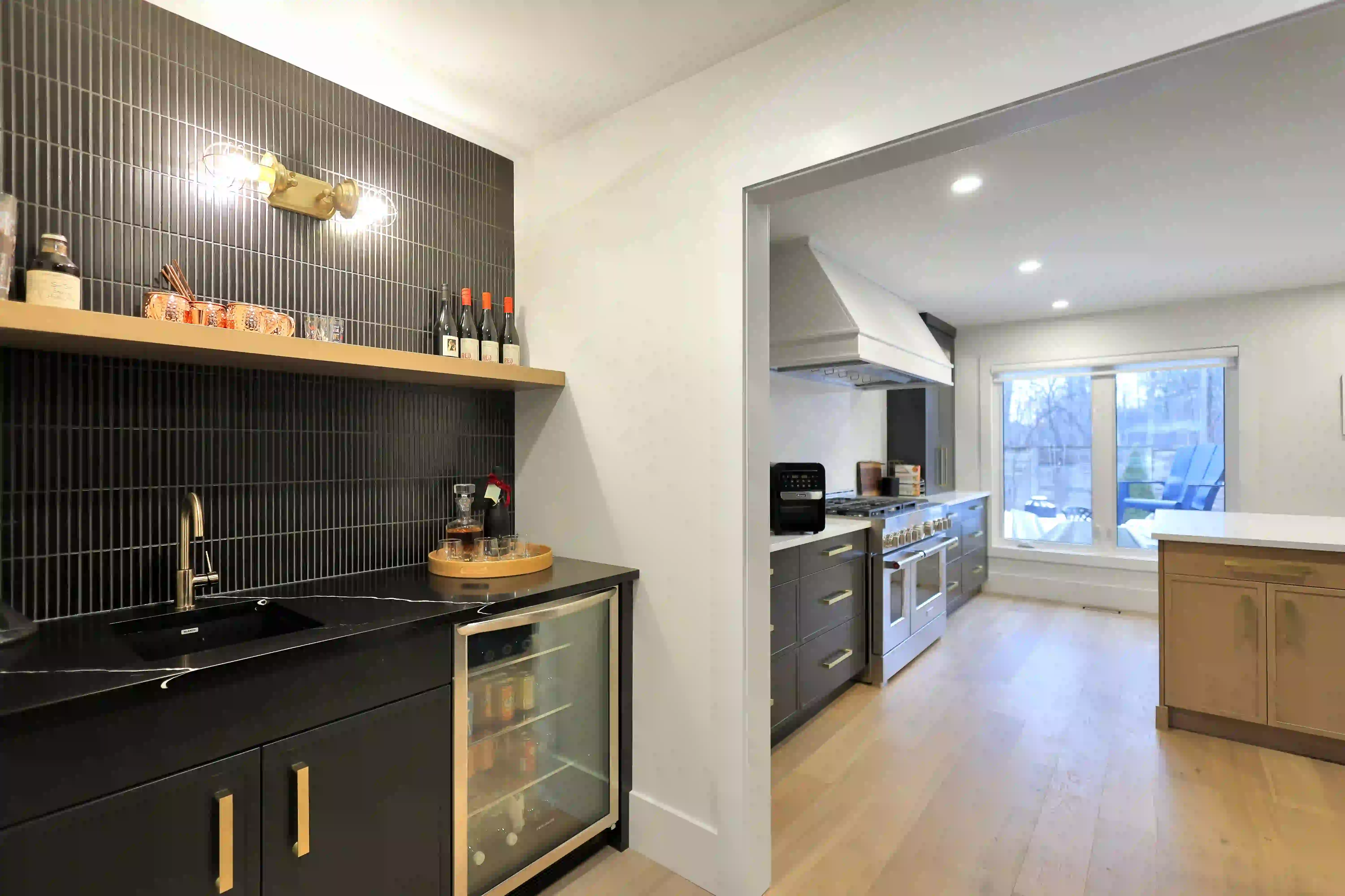 Wet bar with beverage fridge
