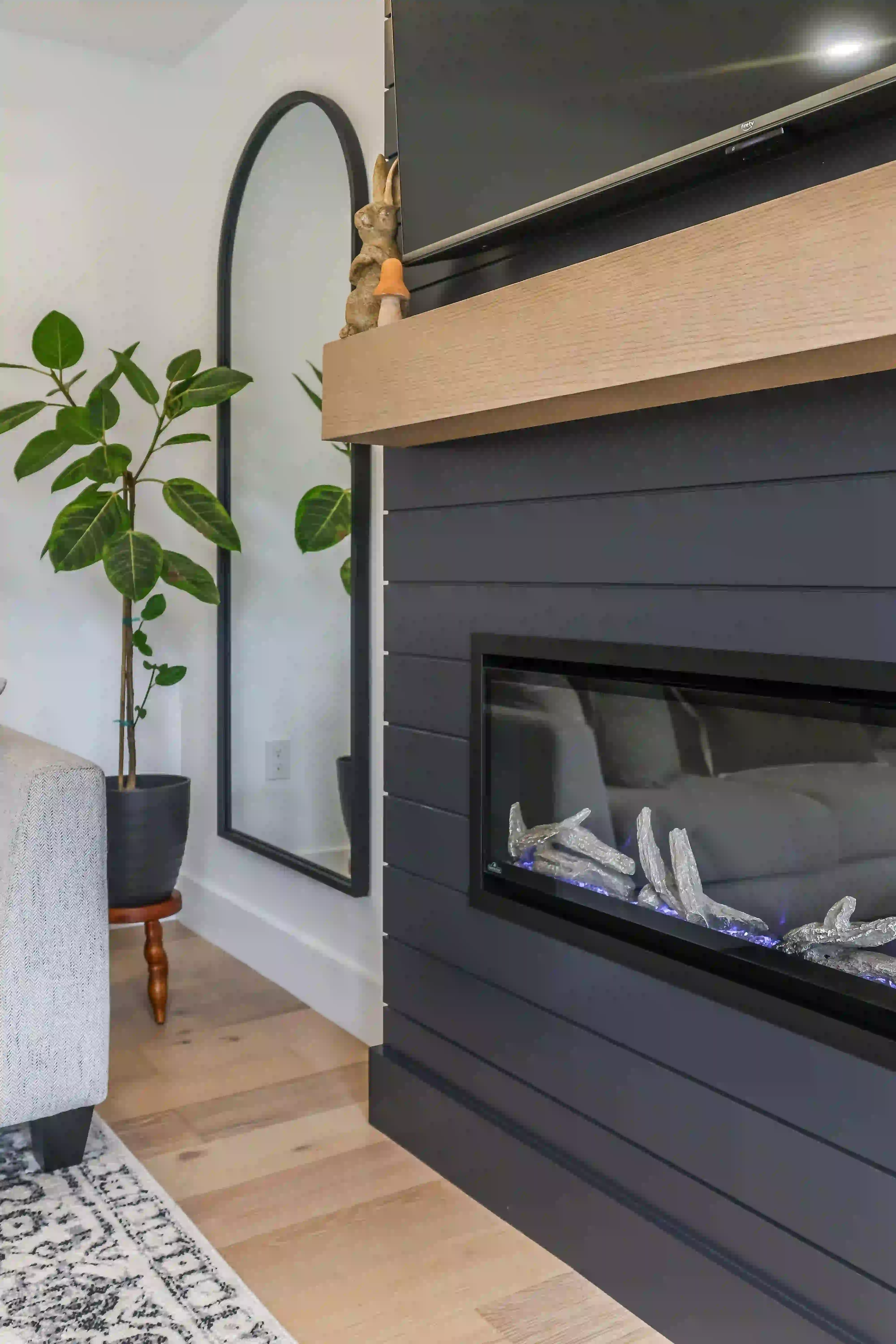 Fireplace wall and floating mantel detail