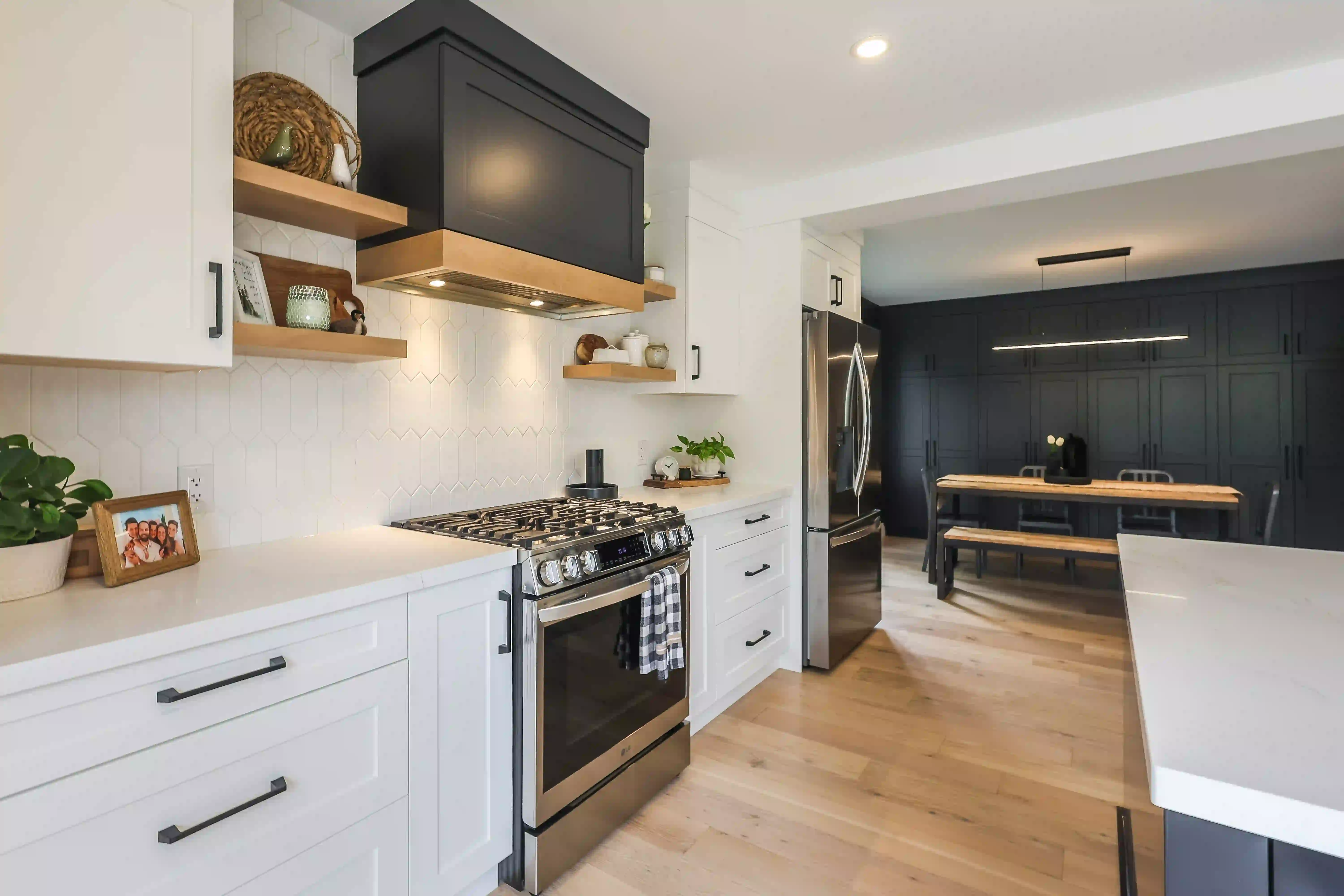 Kitchen range and dark pantry wall