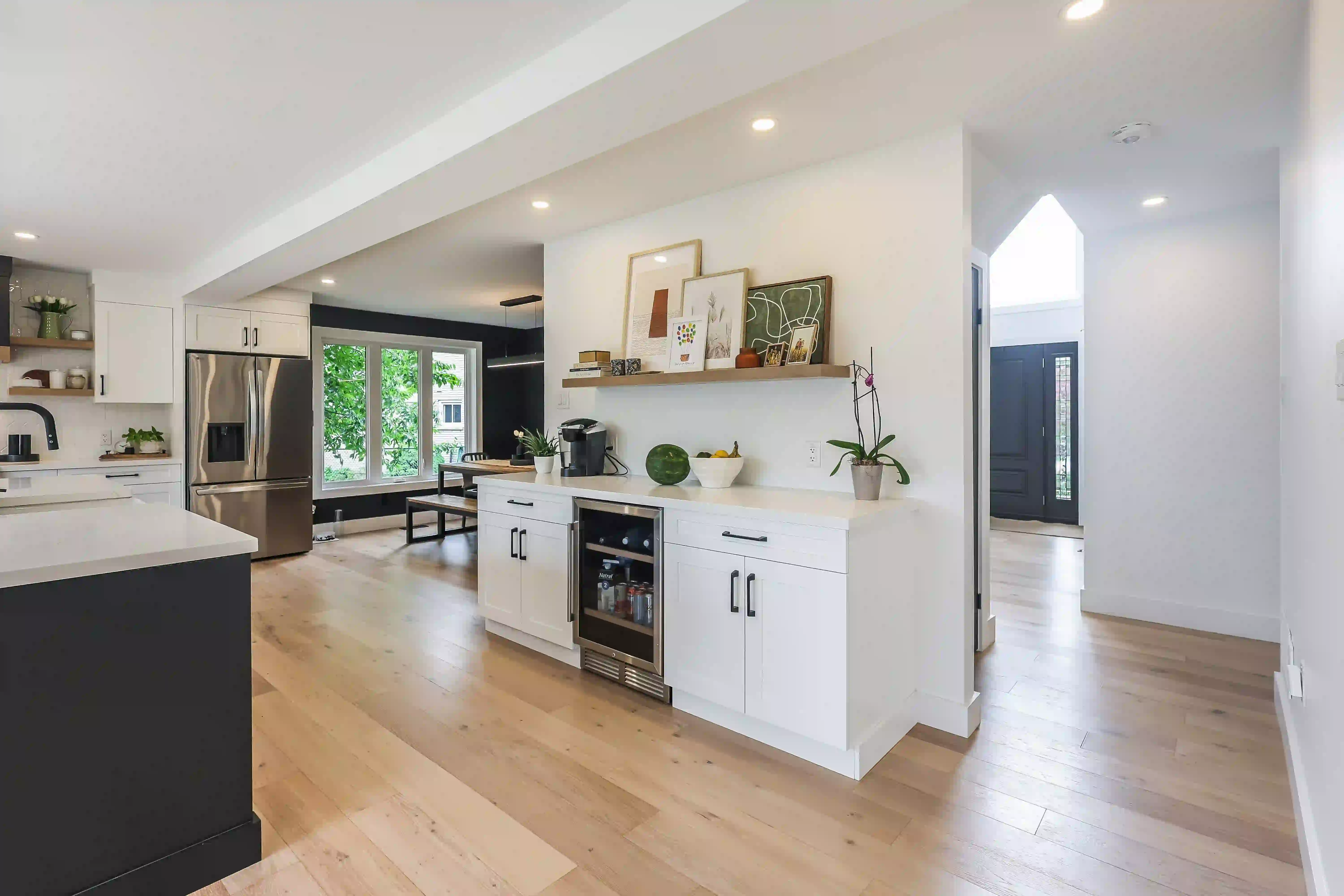 Kitchen, dining and fireplace view