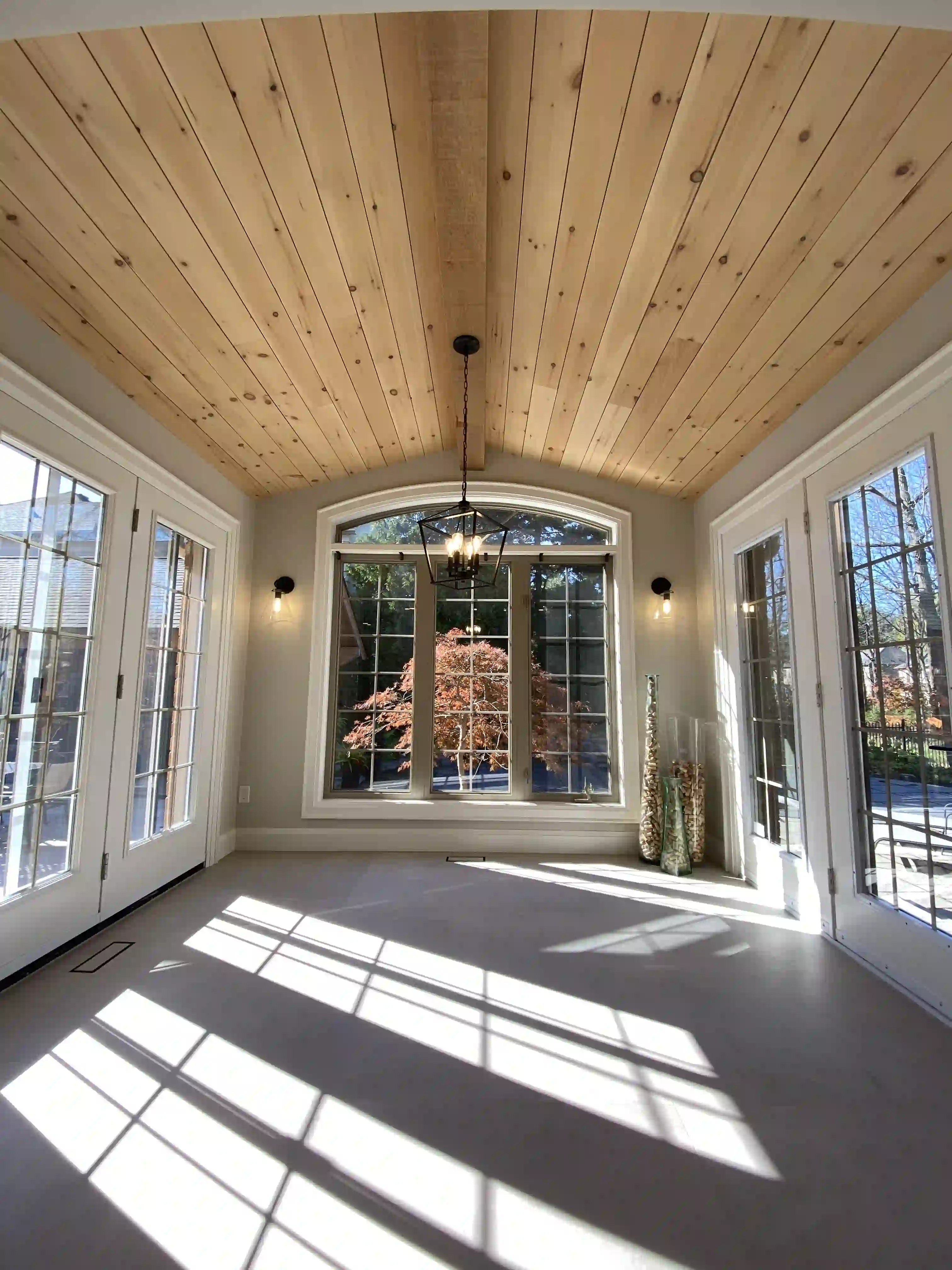 Dining room with wood ceiling