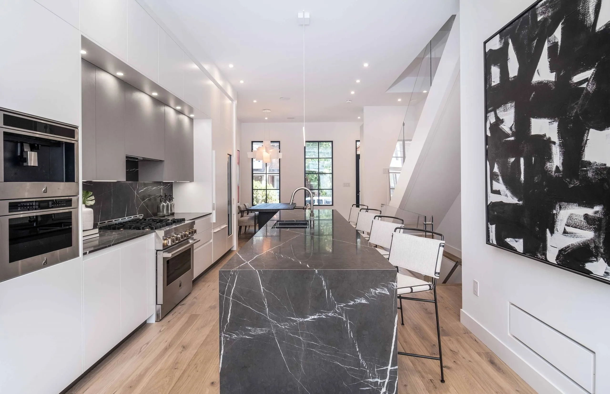 Long kitchen island and open main floor
