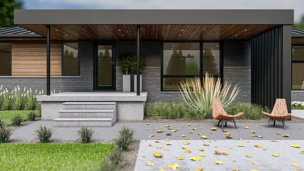 Front exterior rendering with flat roof and custom louvers