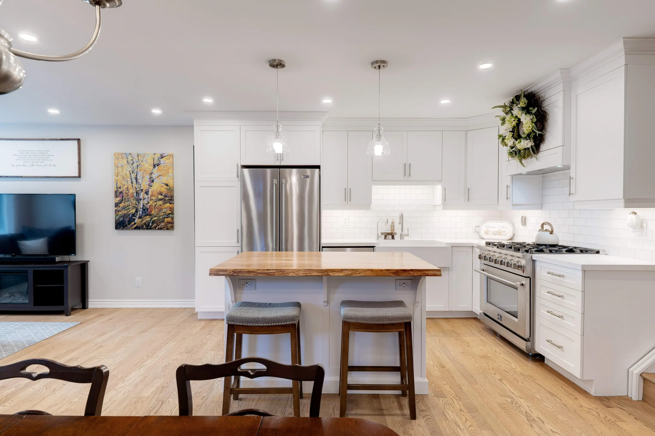 Kitchen island and dining view