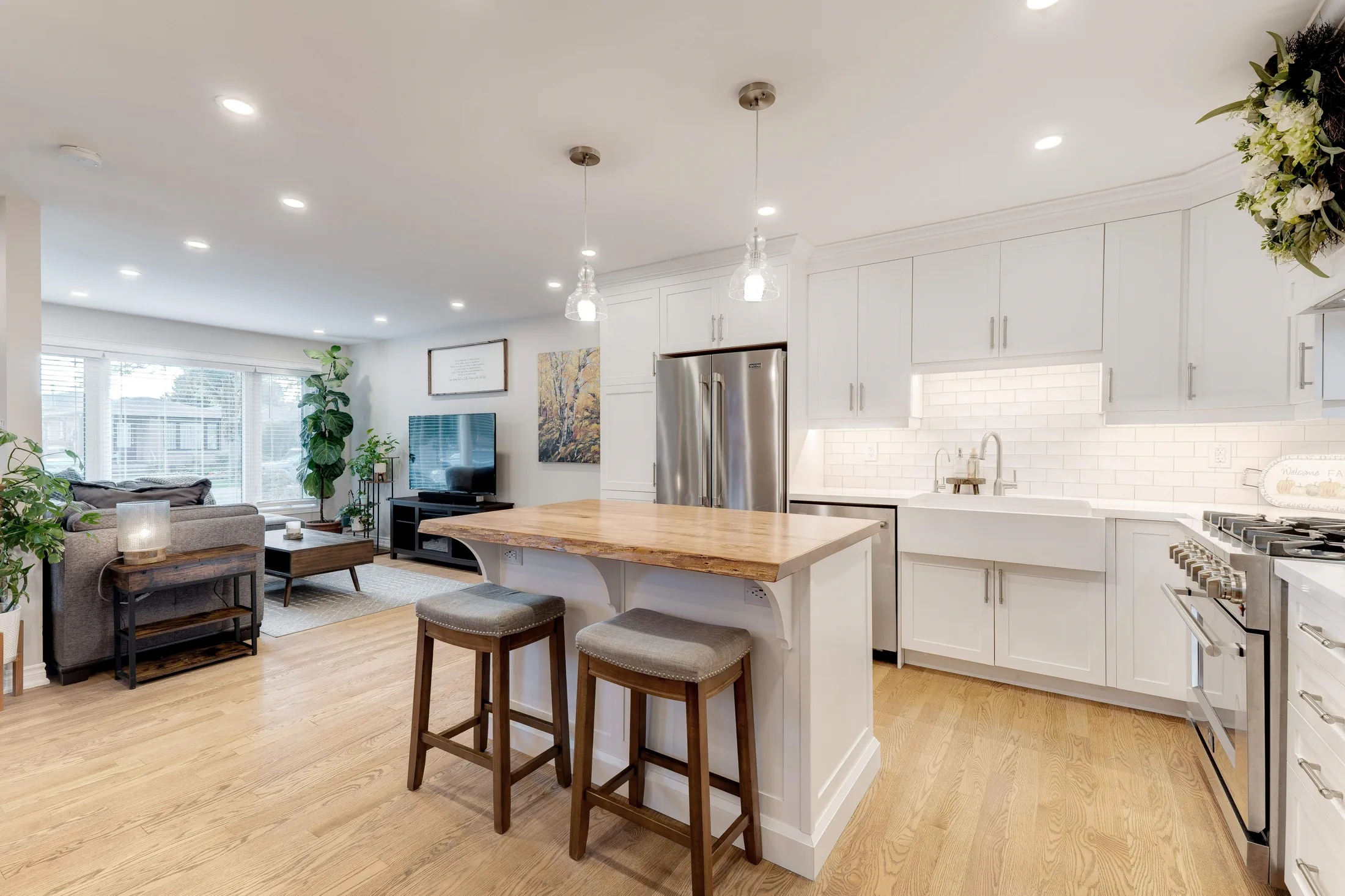 Kitchen island and living room