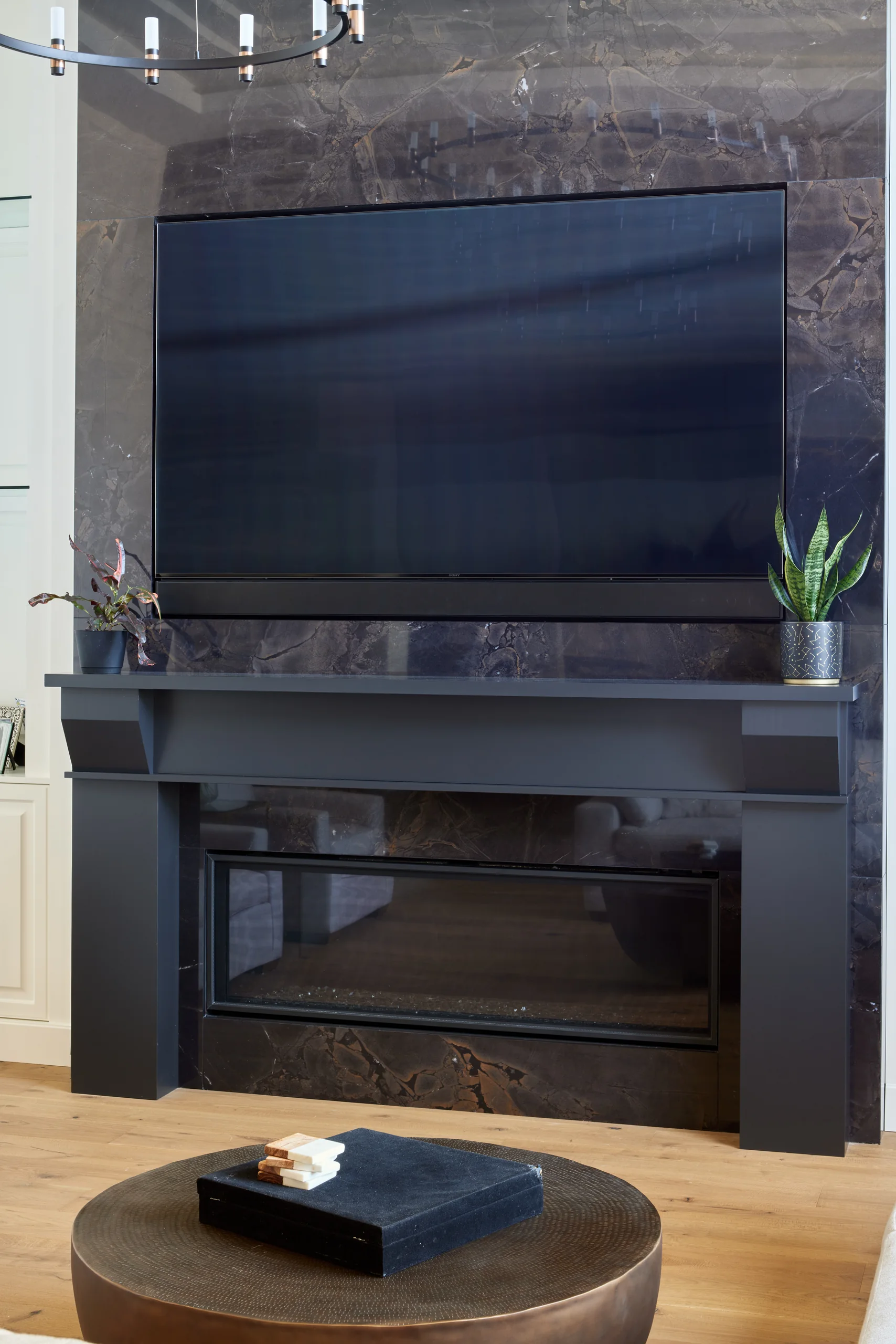 Dark marble fireplace