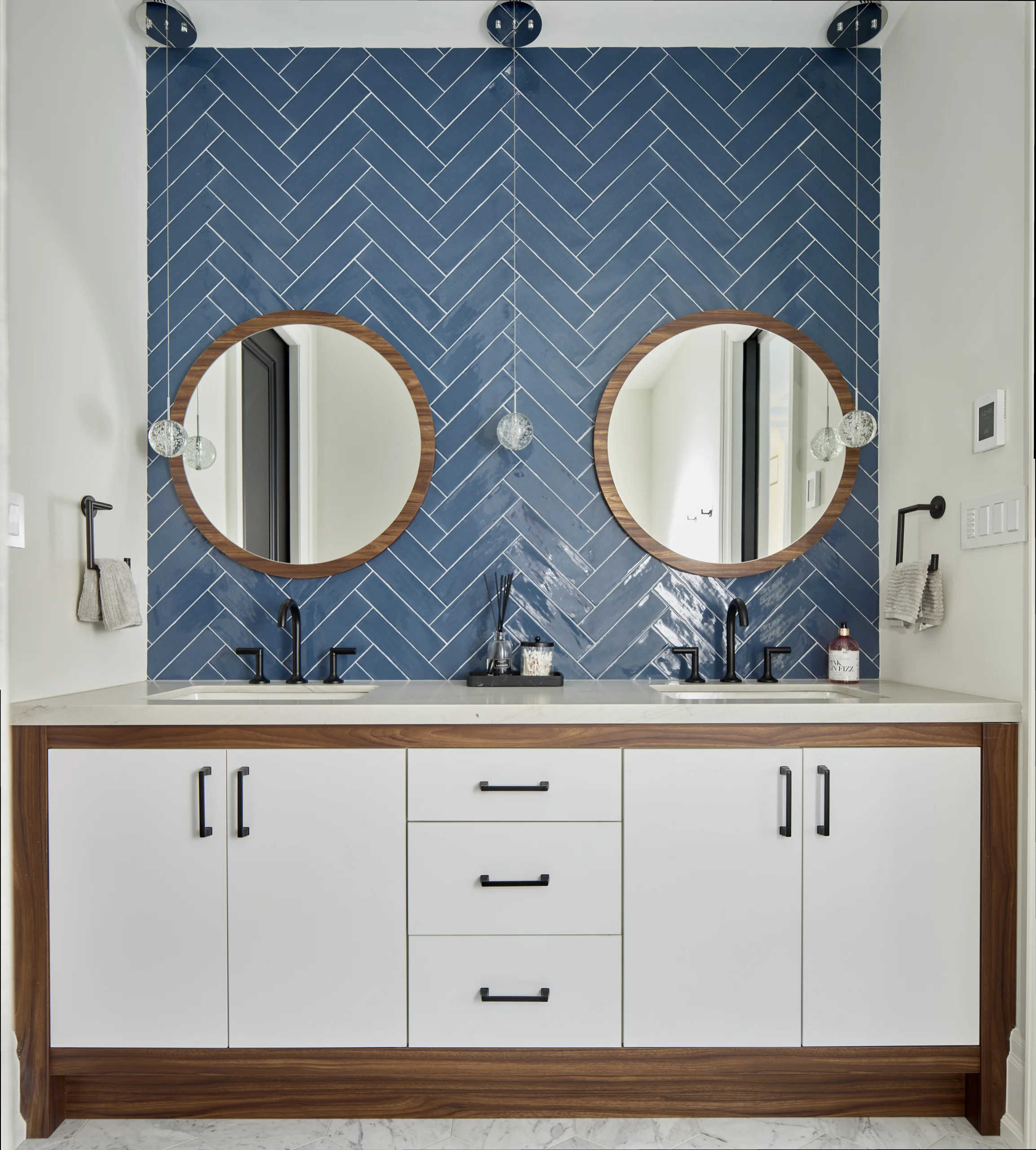 Blue herringbone double vanity