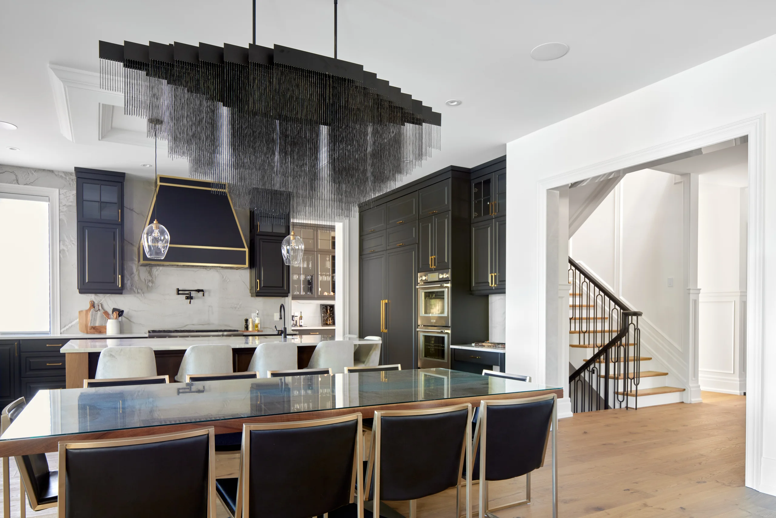 Kitchen island and black range hood