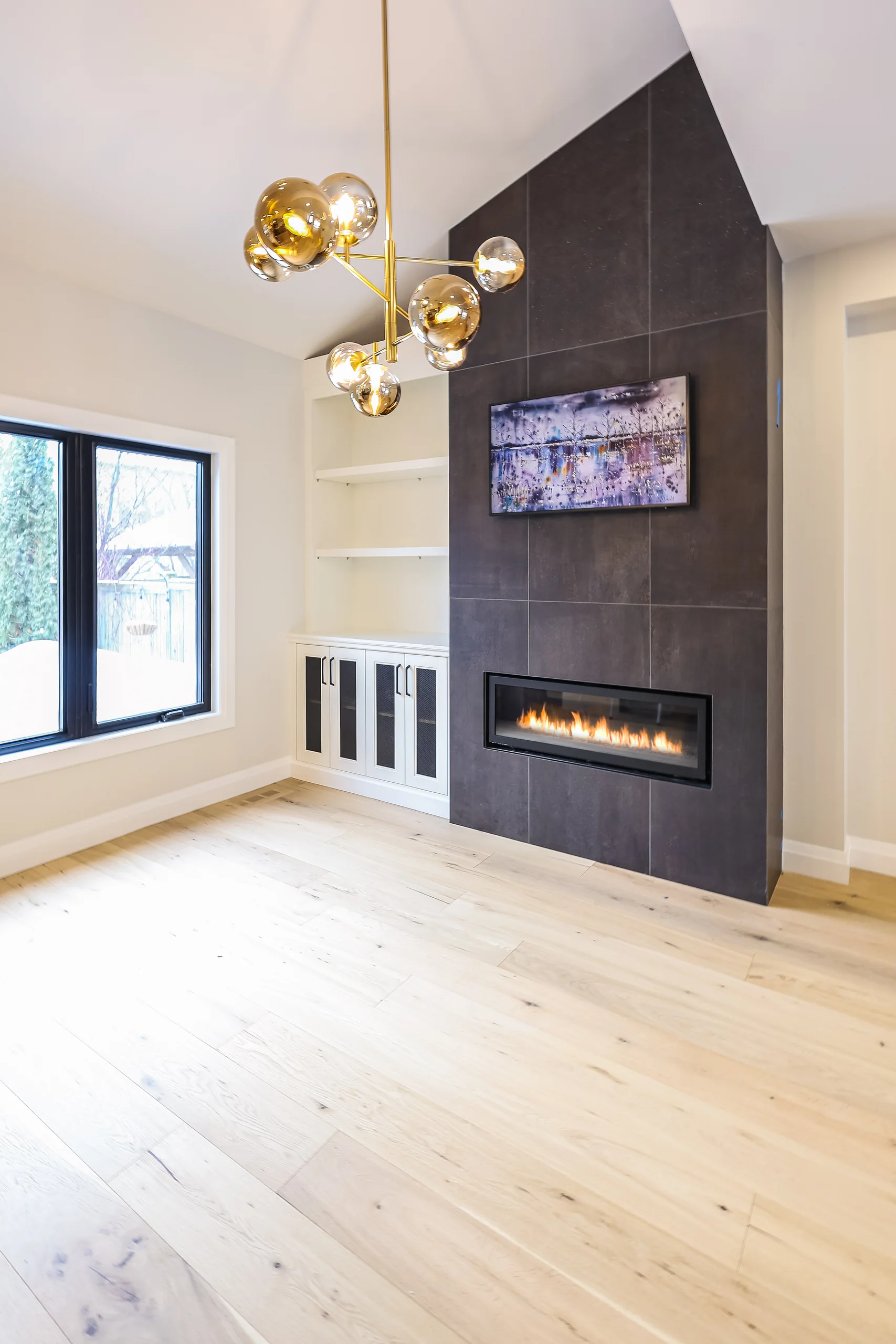 Fireplace and window view