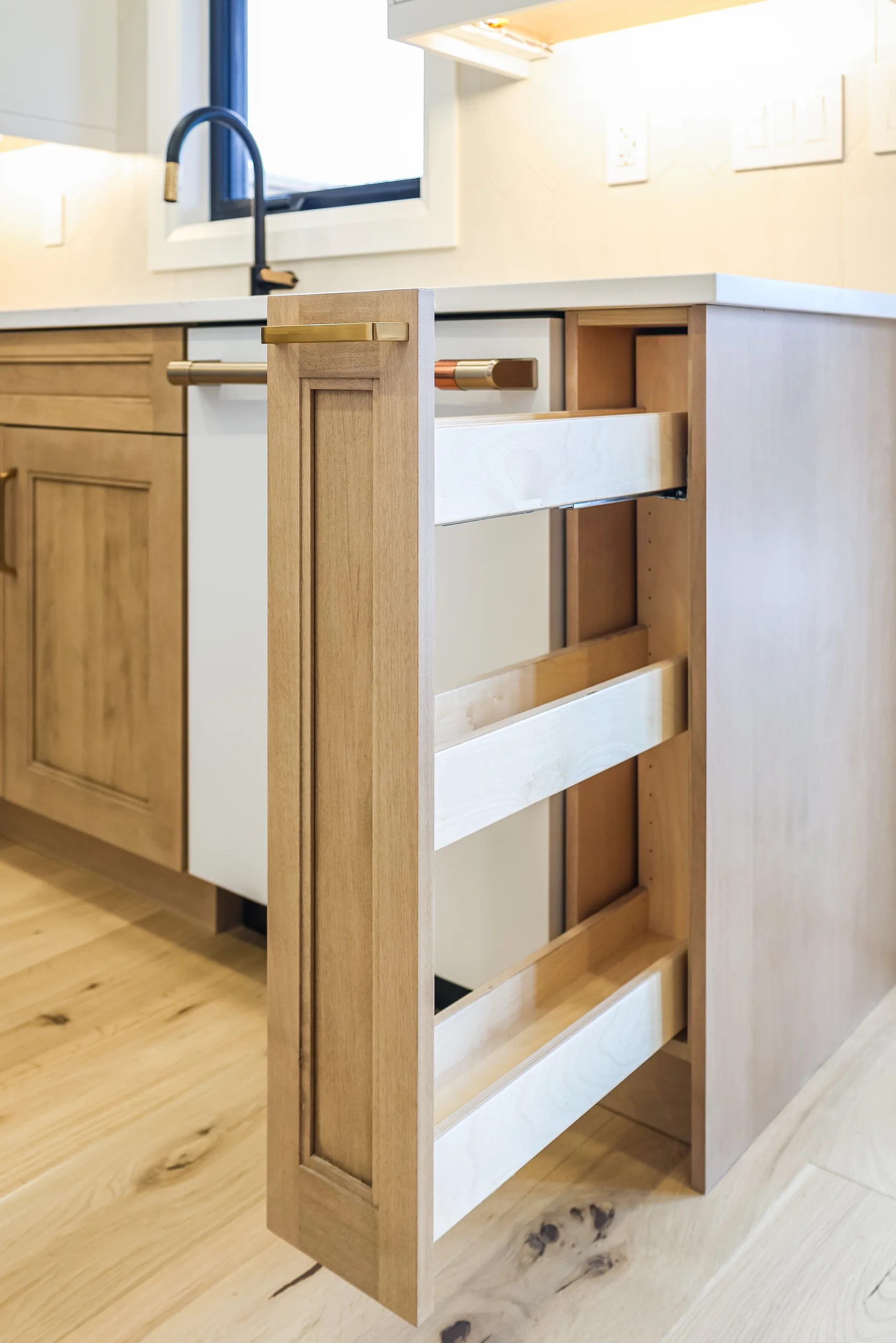 Stair railing and kitchen detail