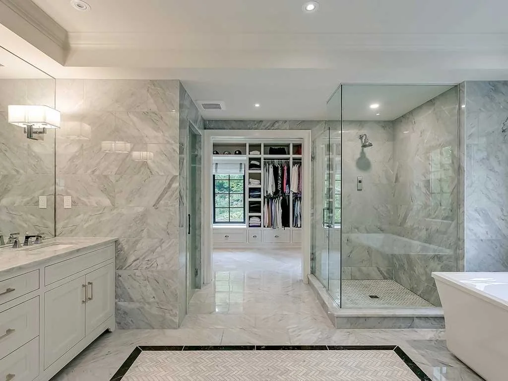 Marble bathroom with glass shower