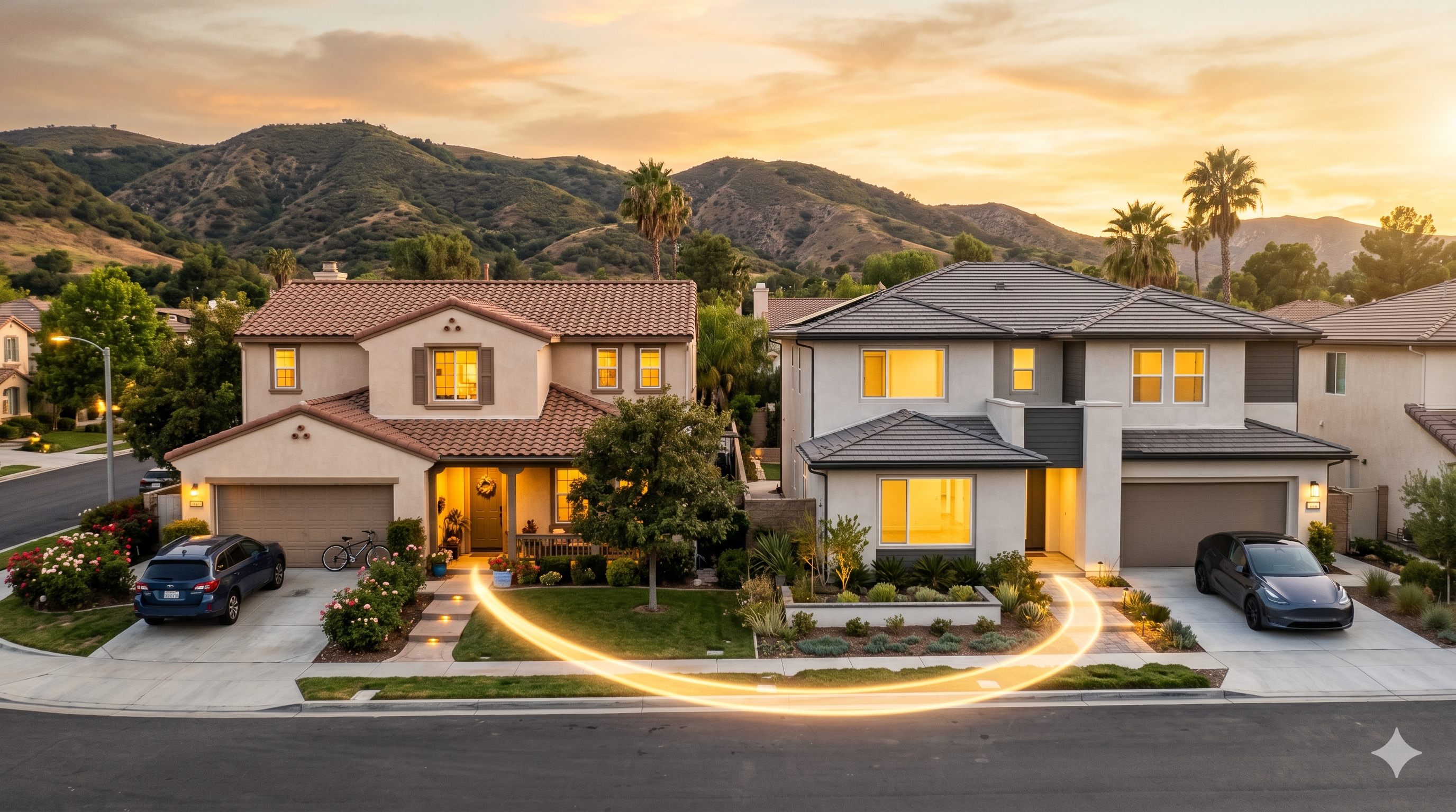 Two Santa Clarita homes connected by a glowing path - the move-up journey