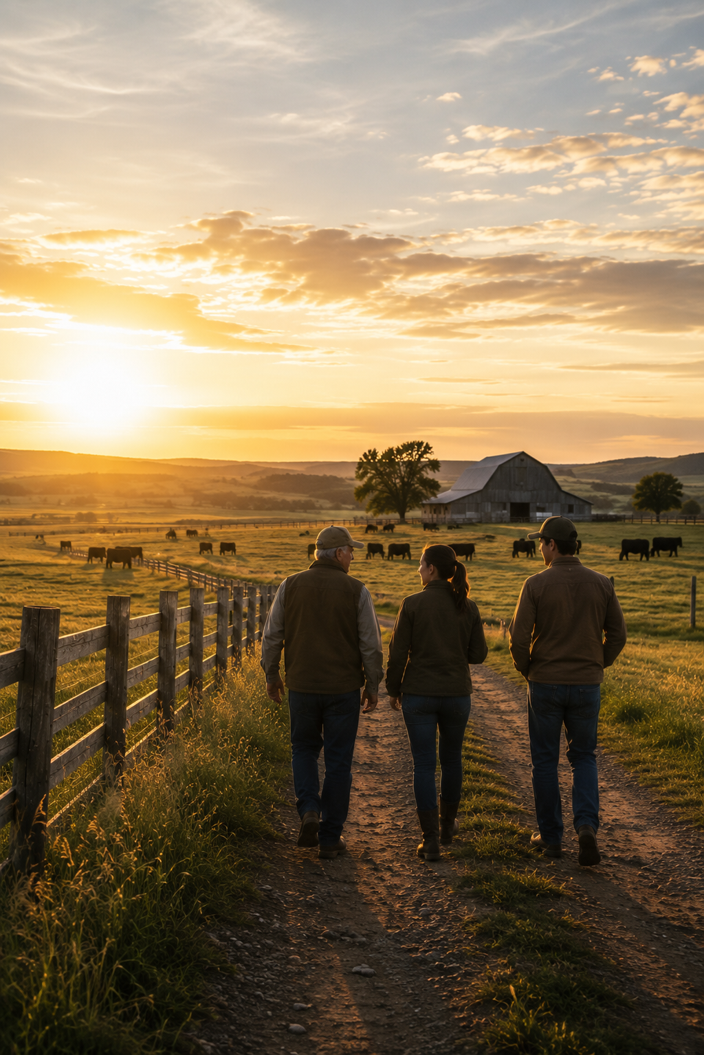 A farm family walking through their operation at sunset